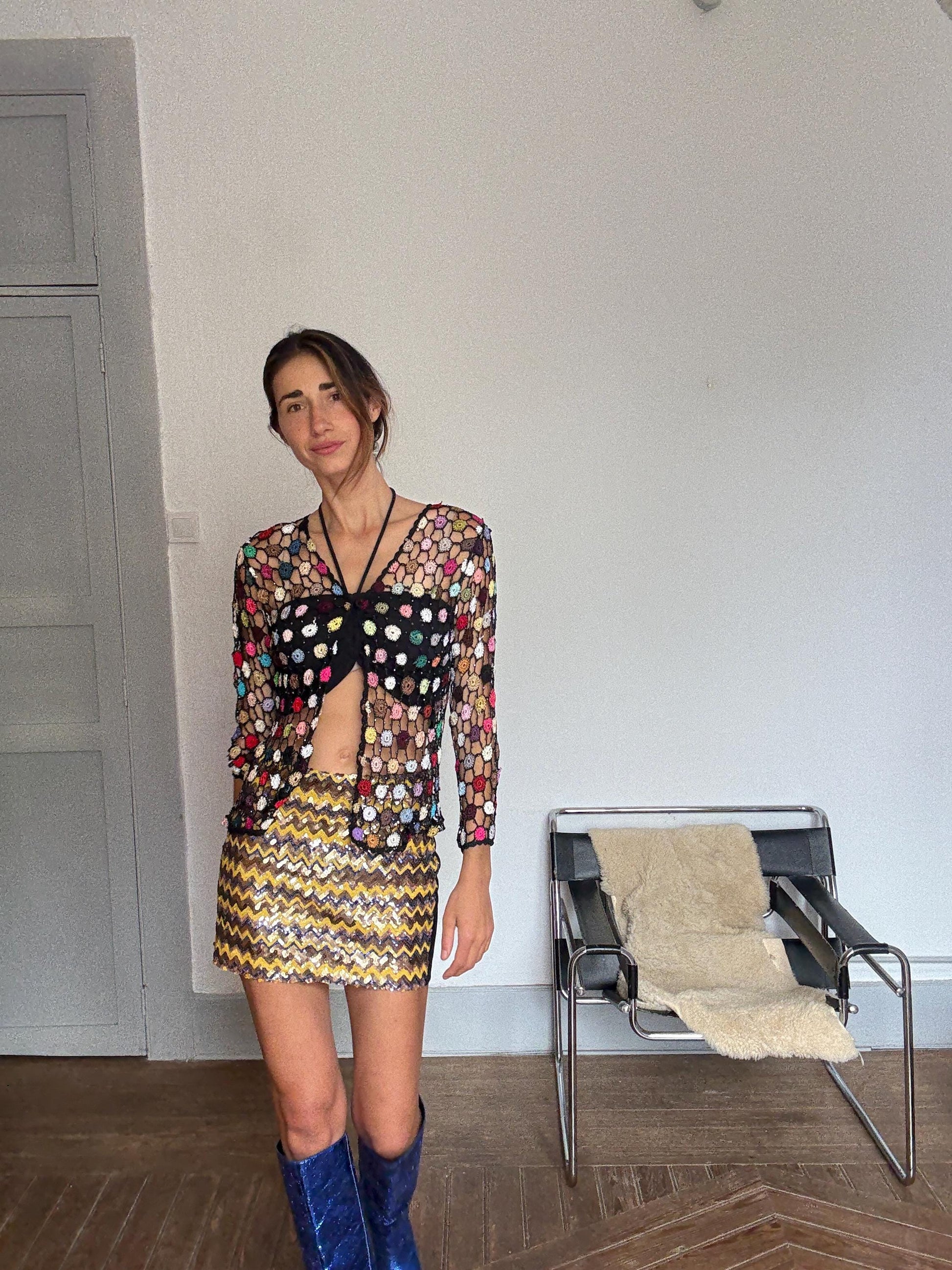 Vintage crochet pathwork glitter vest, Boho festival top, See through sparkly cardigan, Bohemian colourful summer clothing, Size S