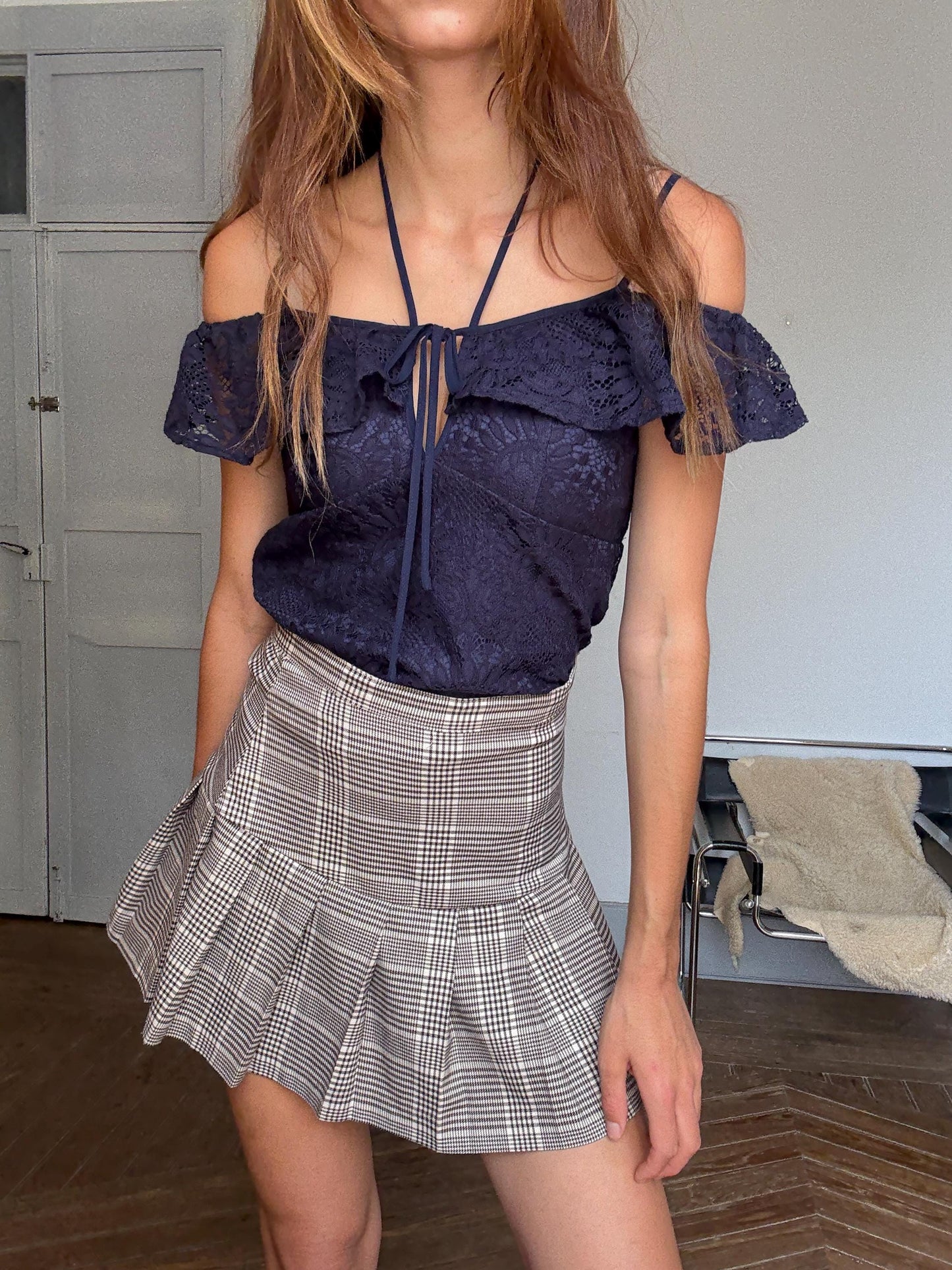 Morgan de Toi Dark blue Lace Camisole – Cottagecore Ruffle Top w/ Off Shoulder Fit & Tie Detail, Y2K Coquette Blouse, Size S