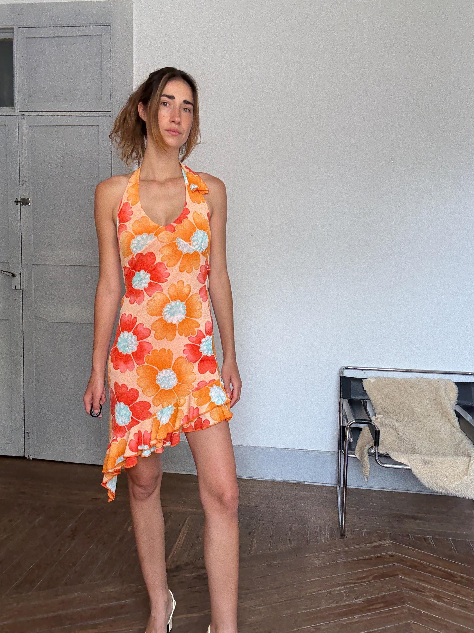 Y2K Floral Halter Dress – Vintage 2000s Ruffle Hem Mini in Groovy Orange Print, Stretchy Asymmetrical Summer Dress