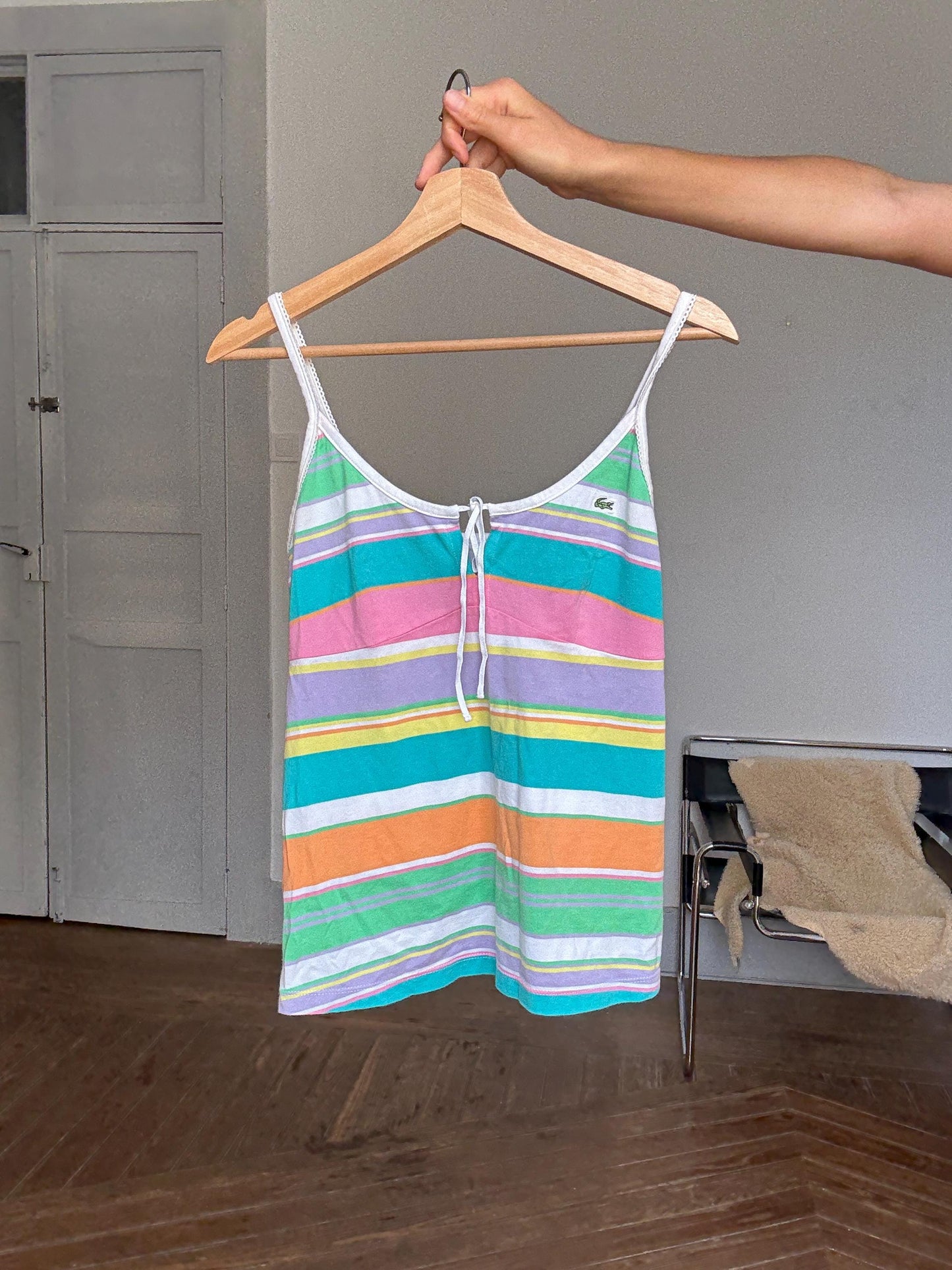 Vintage Lacoste Y2K Striped Camisole – Pastel 90s Tank Top with Tie Front, Rare Preppy Aesthetic Summer Tee
