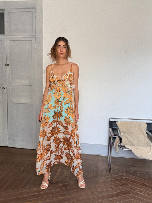 Guapa Milano Maxi Dress – Boho Floral Summer Dream in Fantasia Print | Flowy Resort Goddess Fit | Size S