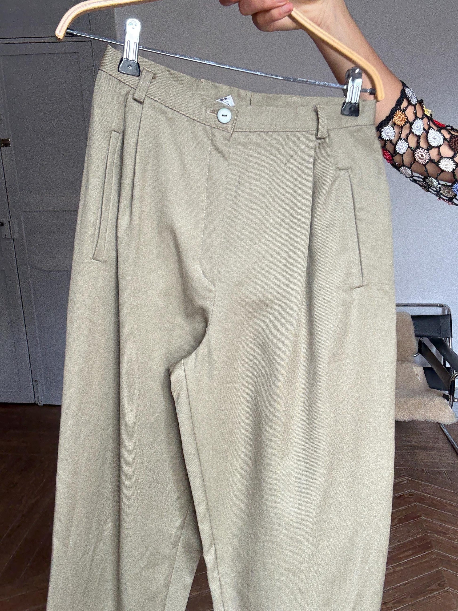 Vintage Italian Wool Trousers – Green Pleated High Waist Pants, Light Academia Workwear, 100% Wool, Made in Italy, Size XS - S