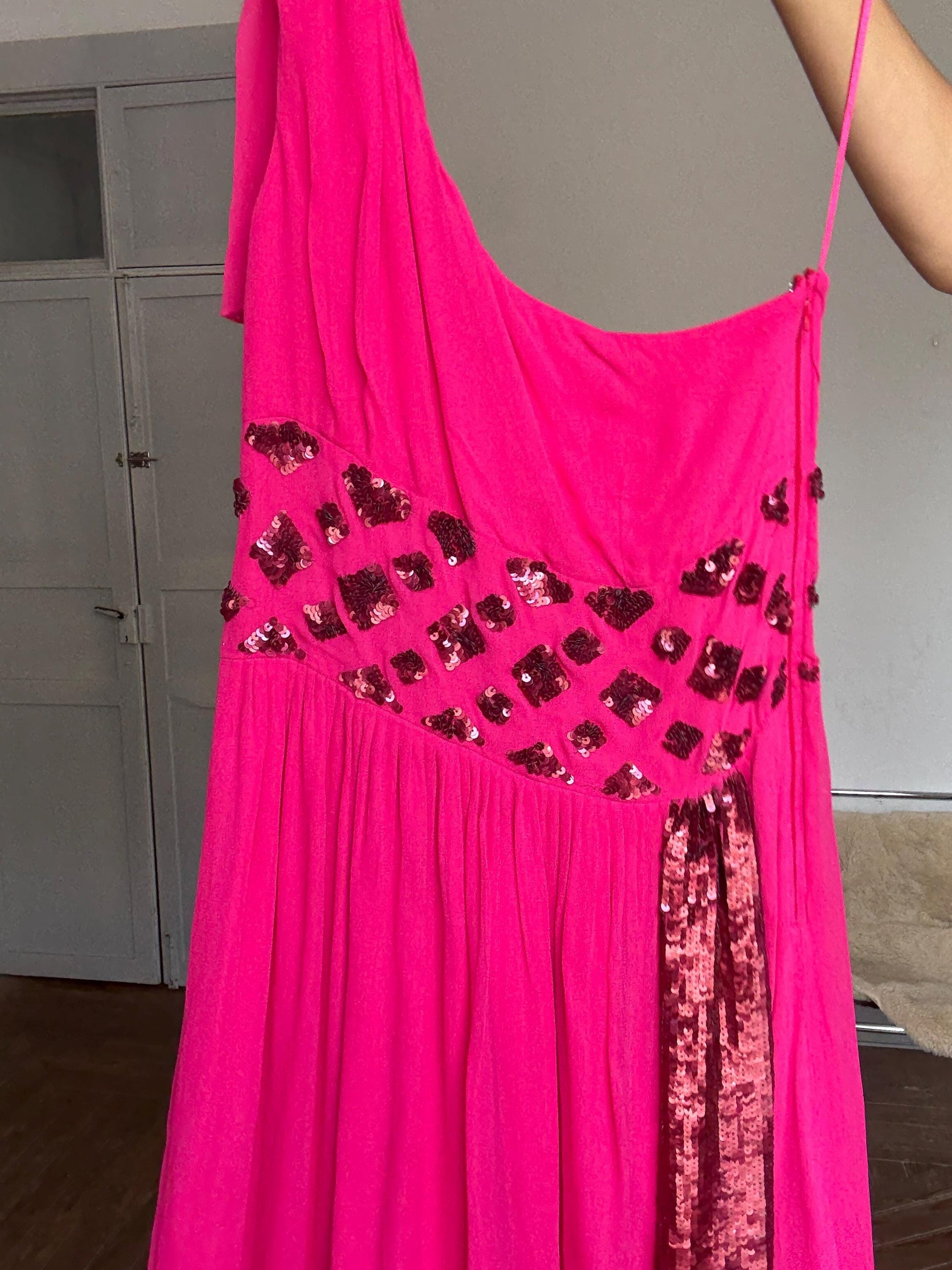 Pink One-Shoulder Sequin Mini Dress – Size 38 | Sparkly Cocktail Party Dress | Y2K Glam Look | Side Zipper Closure