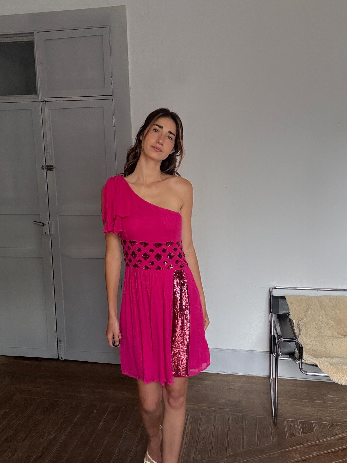 Pink One-Shoulder Sequin Mini Dress – Size 38 | Sparkly Cocktail Party Dress | Y2K Glam Look | Side Zipper Closure