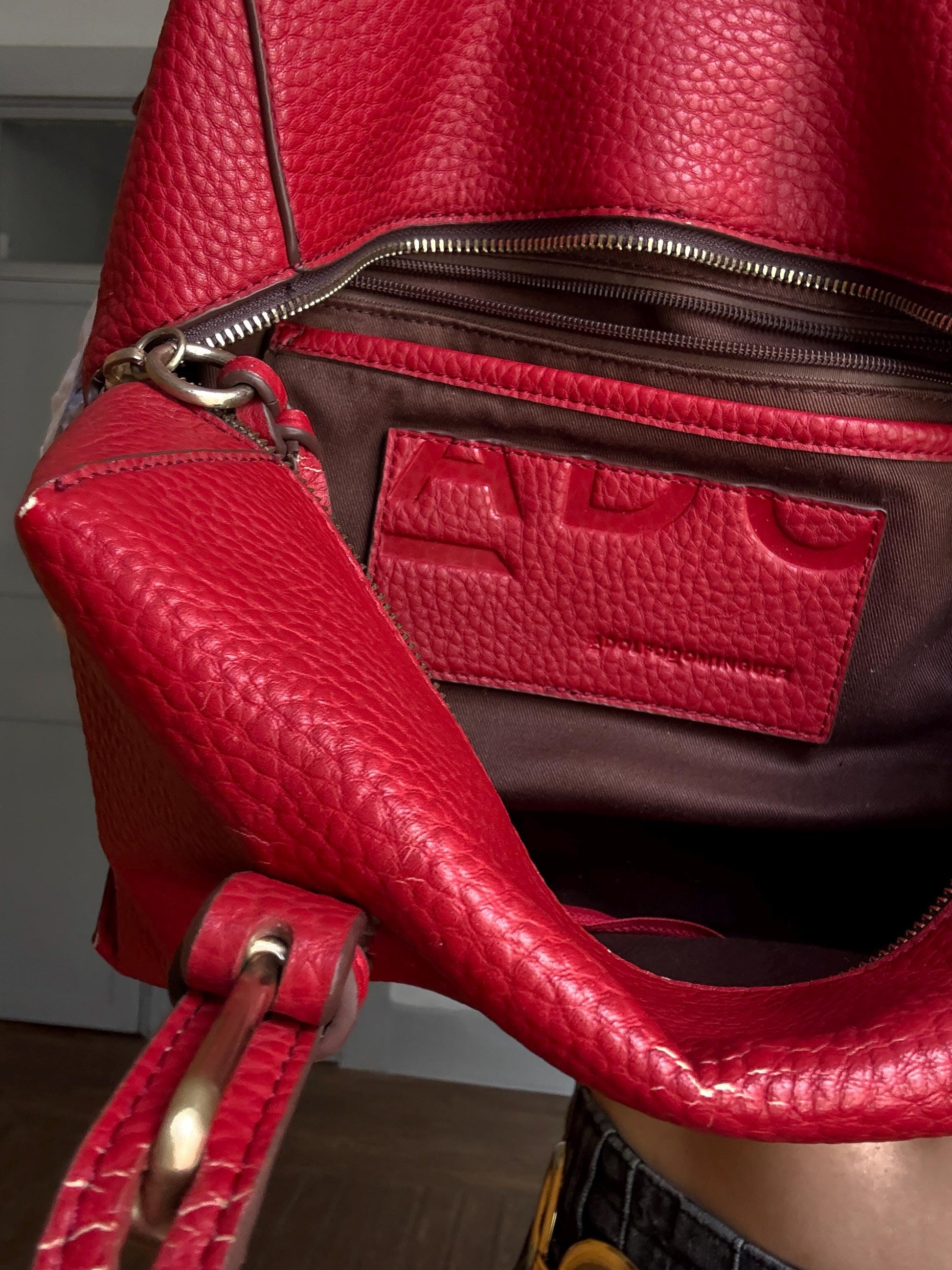 Red Shoulder Bag – Bold Designer Tote, Textured Finish, Adolfo Dominguez Red faux Leather Shoulder Bag – Bold Designer Tote, Bargain deal