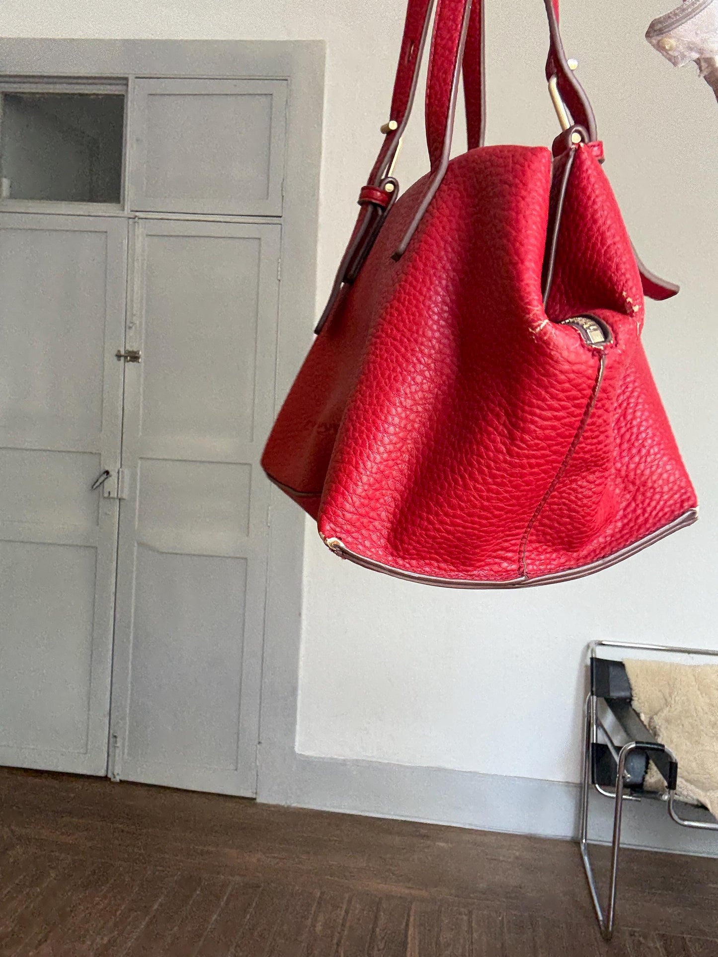 Red Shoulder Bag – Bold Designer Tote, Textured Finish, Adolfo Dominguez Red faux Leather Shoulder Bag – Bold Designer Tote, Bargain deal