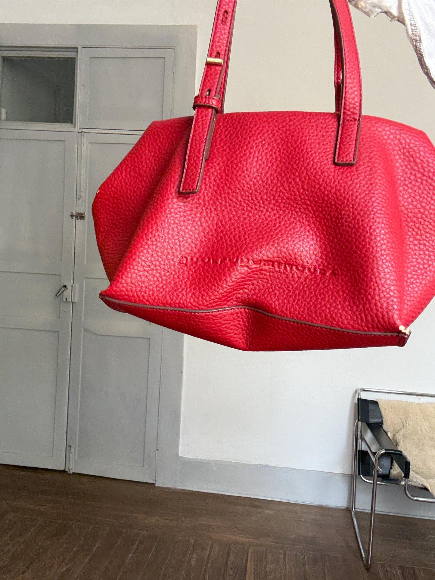 Red Shoulder Bag – Bold Designer Tote, Textured Finish, Adolfo Dominguez Red faux Leather Shoulder Bag – Bold Designer Tote, Bargain deal