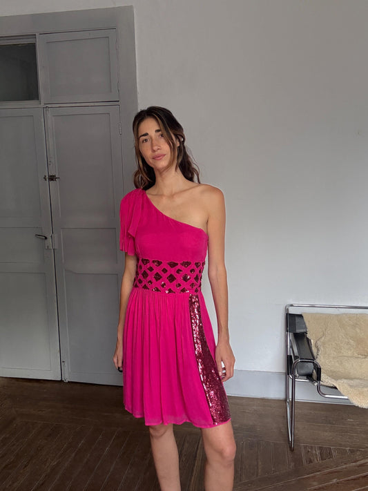 Pink One-Shoulder Sequin Mini Dress – Size 38 | Sparkly Cocktail Party Dress | Y2K Glam Look | Side Zipper Closure