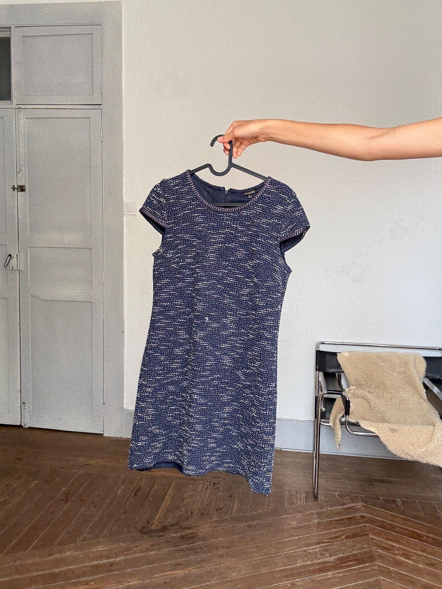 Massimo Dutti navy shimmer mini dress | metallic tweed style | short sleeve shift | elegant French fit | retro 60s vibe | size S