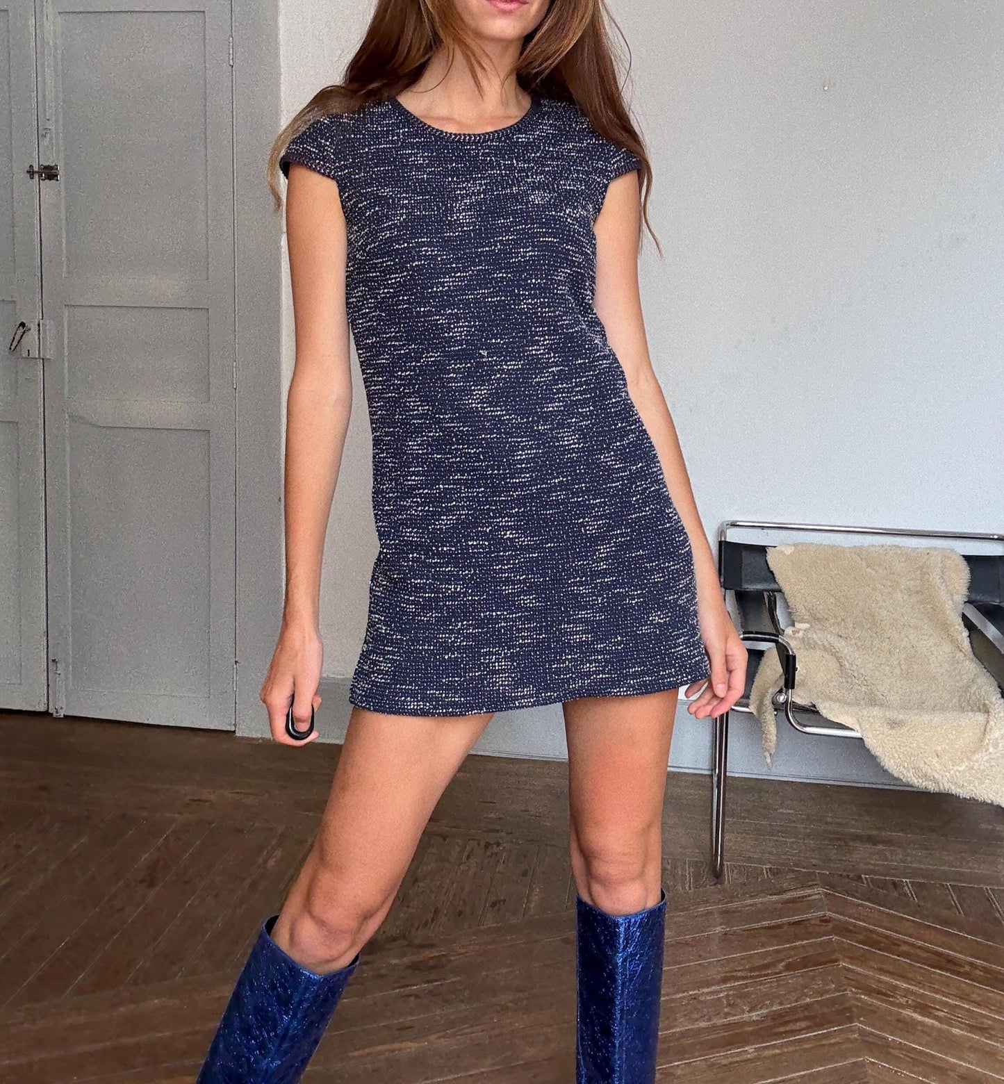 Massimo Dutti navy shimmer mini dress | metallic tweed style | short sleeve shift | elegant French fit | retro 60s vibe | size S