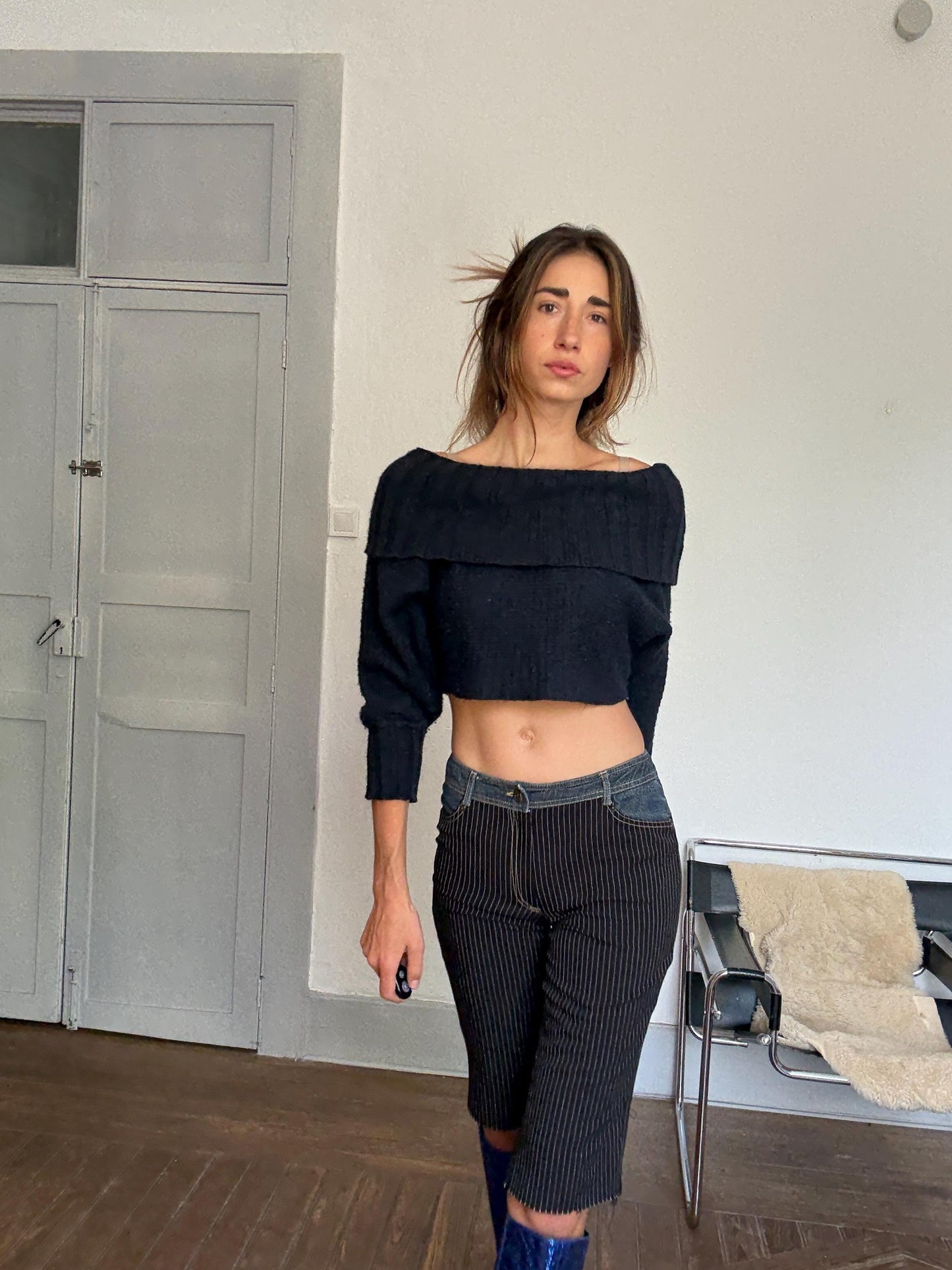 Y2K Pinstripe & Denim Patchwork Capri Pants – Vintage 90s Low Waist Pants | Size M