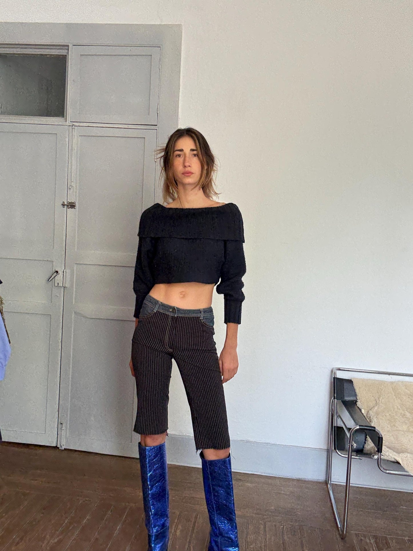 Y2K Pinstripe & Denim Patchwork Capri Pants – Vintage 90s Low Waist Pants | Size M