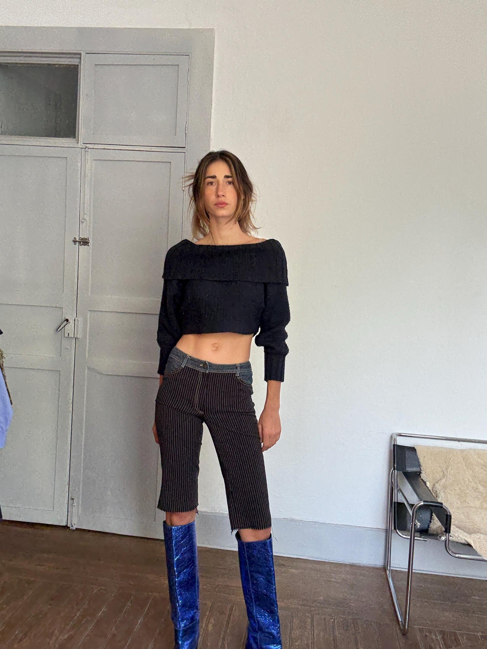 Y2K Pinstripe & Denim Patchwork Capri Pants – Vintage 90s Low Waist Pants | Size M