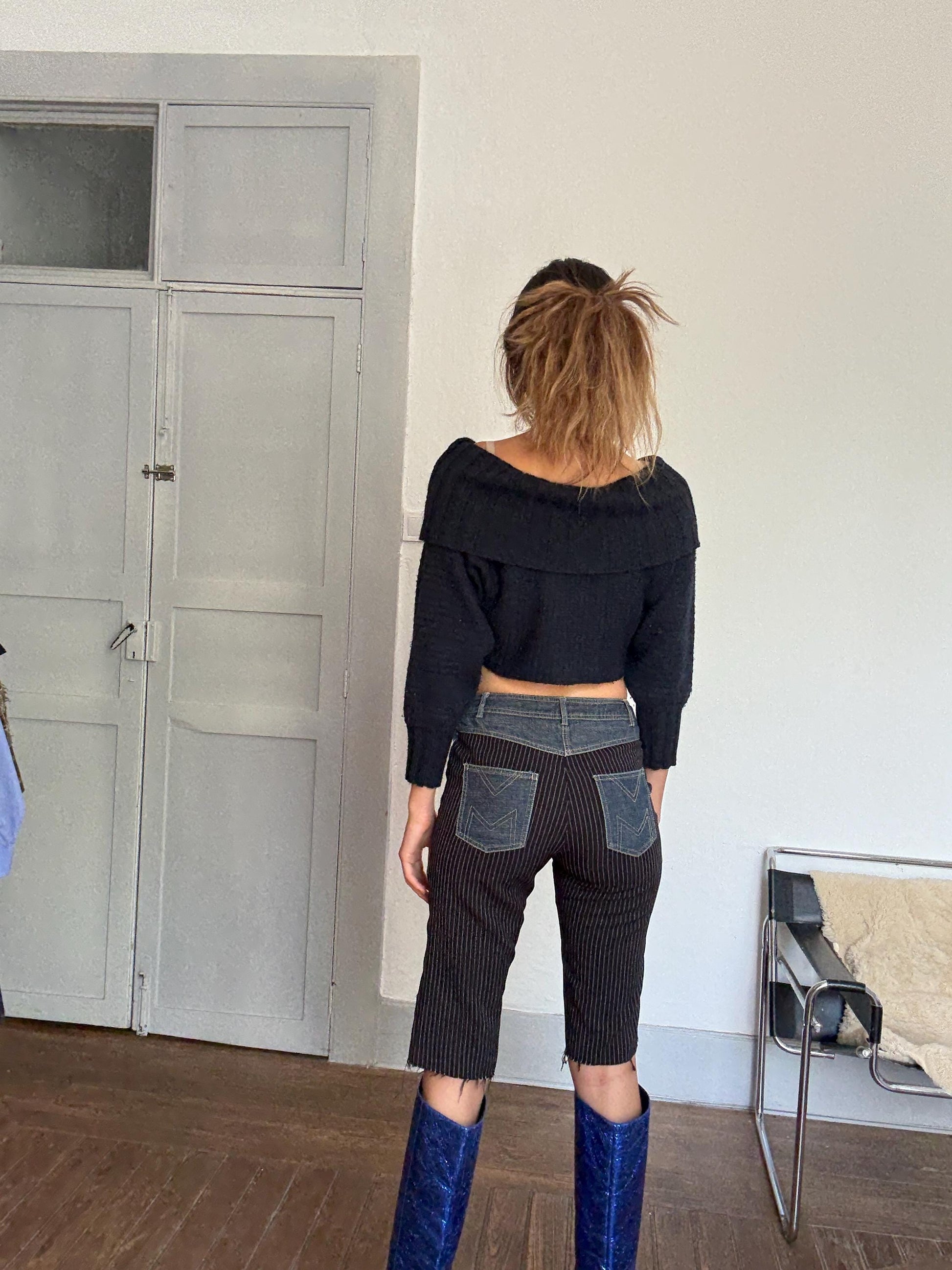 Y2K Pinstripe & Denim Patchwork Capri Pants – Vintage 90s Low Waist Pants | Size M