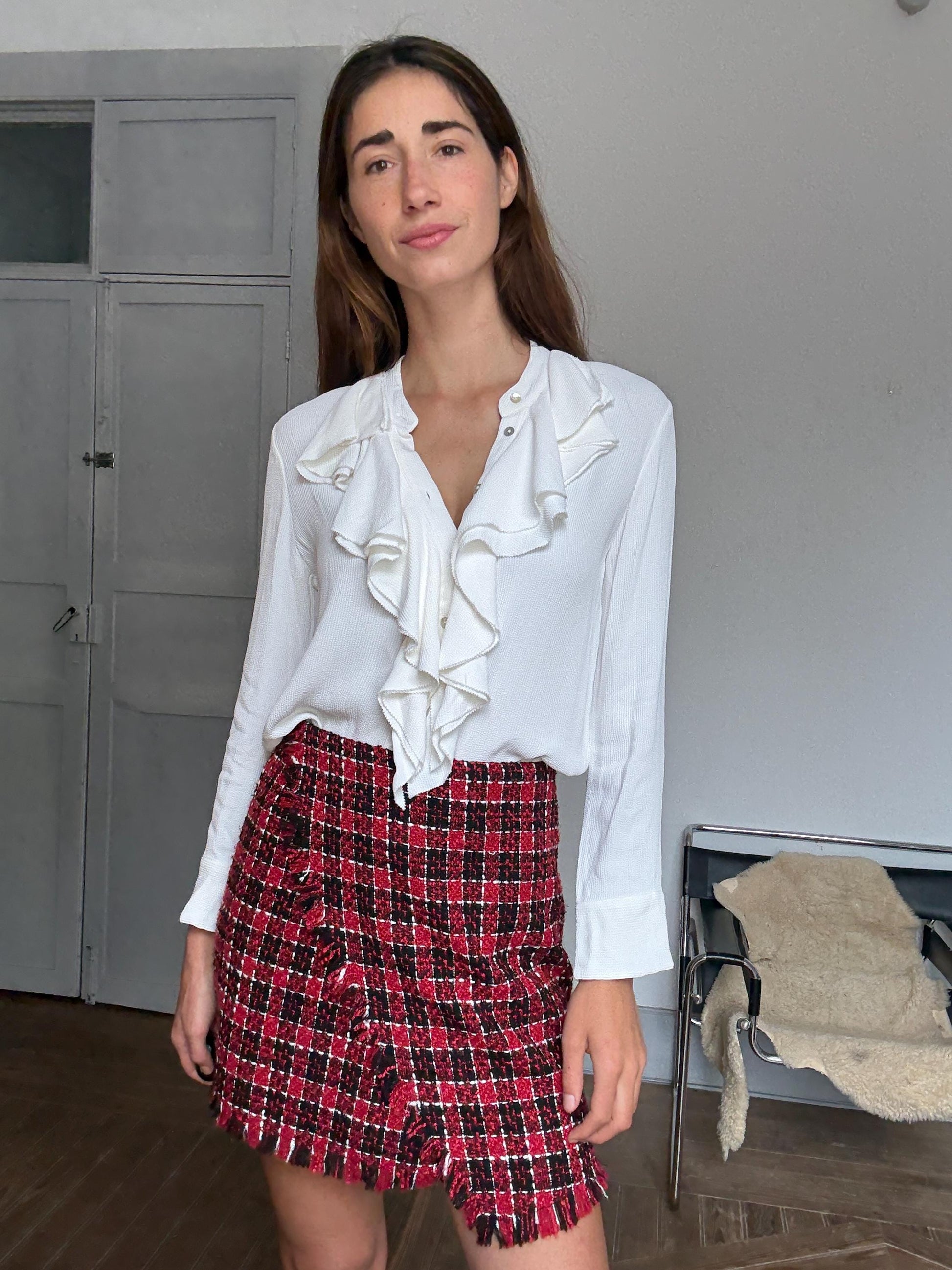 Parisian Chic Red Tweed Mini Skirt – Asymmetric Fringed Skirt, Size M, Vintage-Inspired