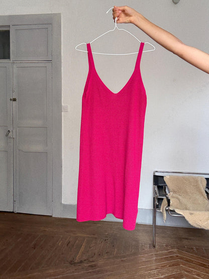 Massimo Dutti pink knit dress, cotton summer slip dress bright pop color | size M-L