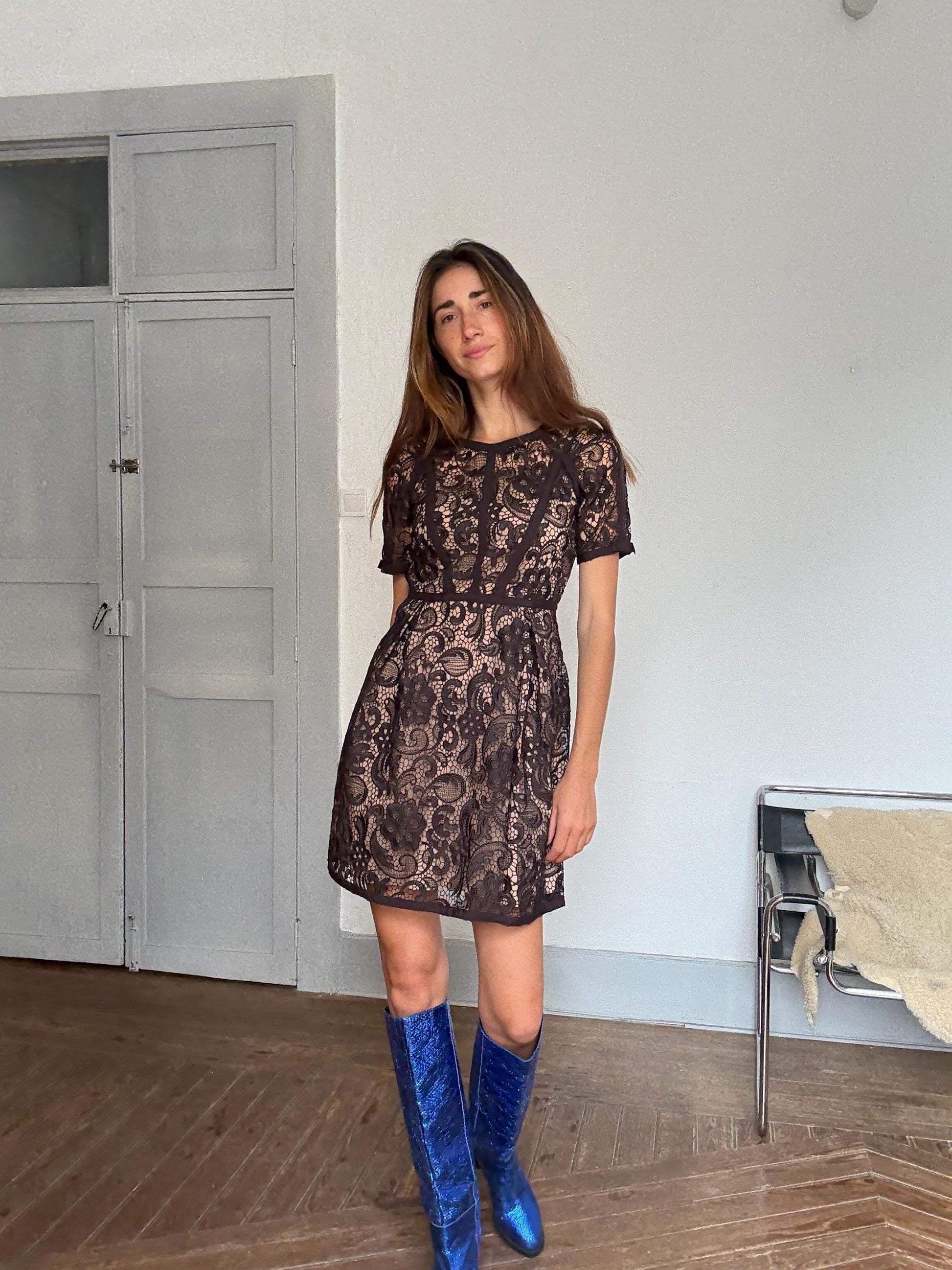 Hoss Intropia black lace dress | romantic sheer overlay fit & flare | Spanish luxury brand | party-ready elegance | EU 40 | size M