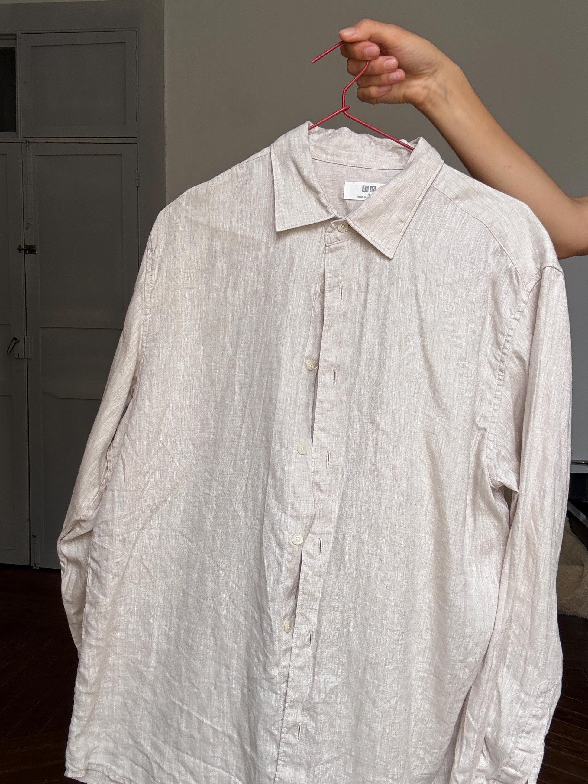 Vintage 100% Linen Oatmeal Shirt by Uniqlo – Unisex Fit, Oversized or Knotted Crop Style, Earthy Minimal Look, Size M