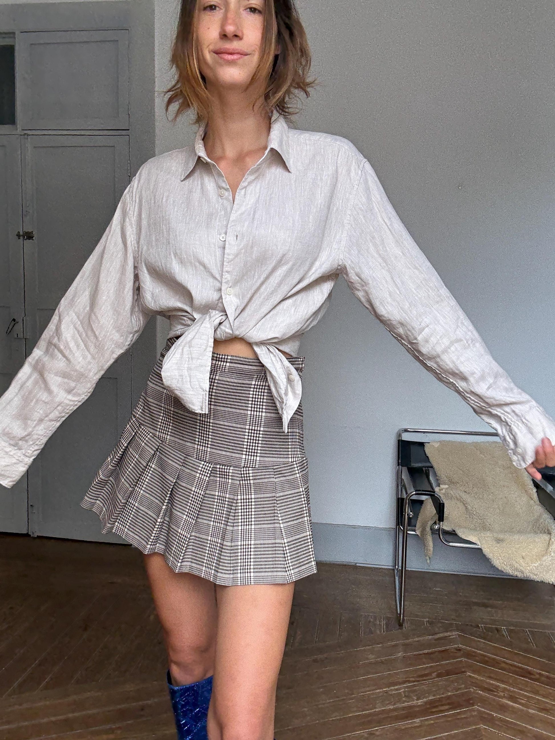 Vintage 100% Linen Oatmeal Shirt by Uniqlo – Unisex Fit, Oversized or Knotted Crop Style, Earthy Minimal Look, Size M