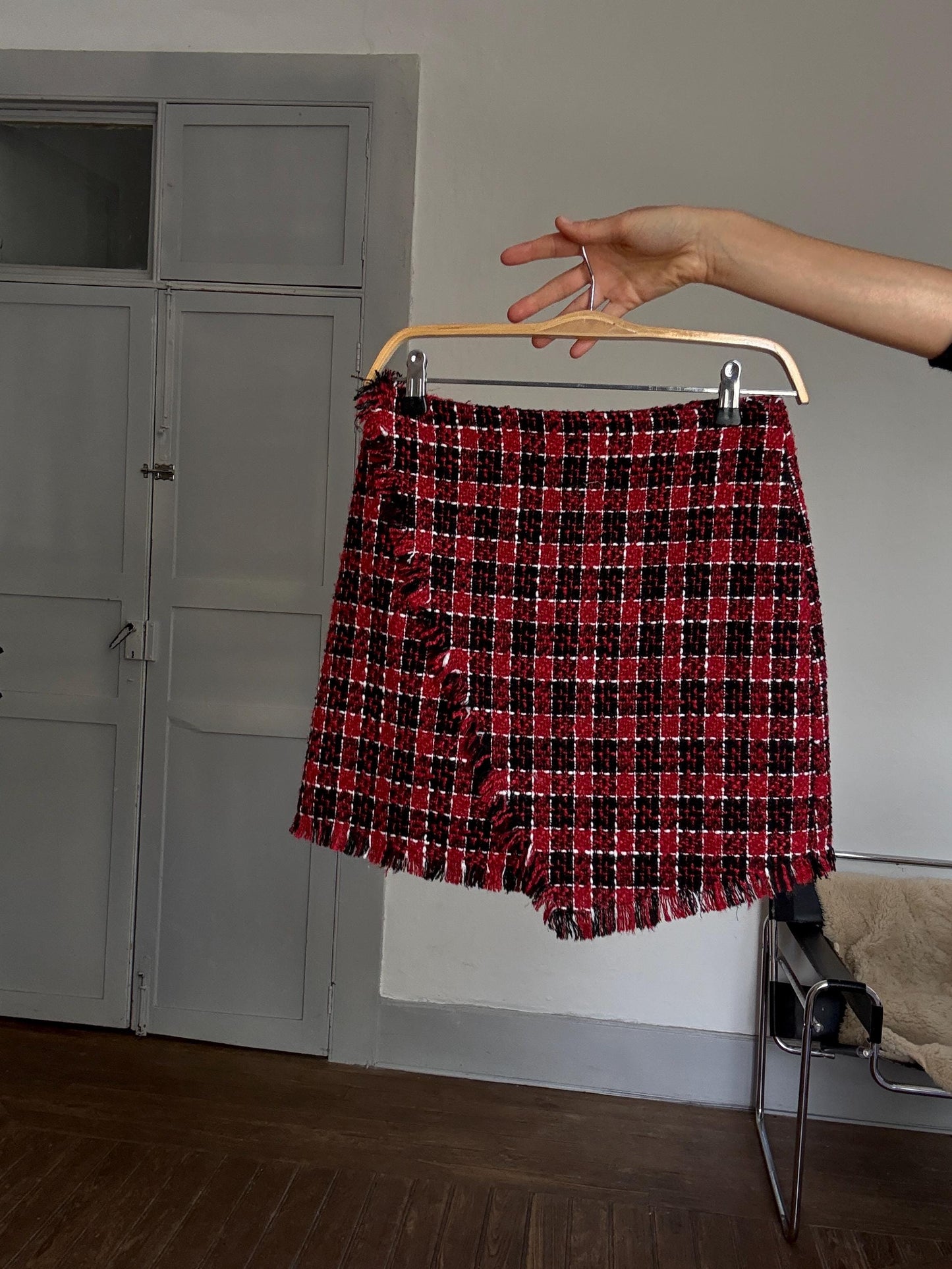 Parisian Chic Red Tweed Mini Skirt – Asymmetric Fringed Skirt, Size M, Vintage-Inspired