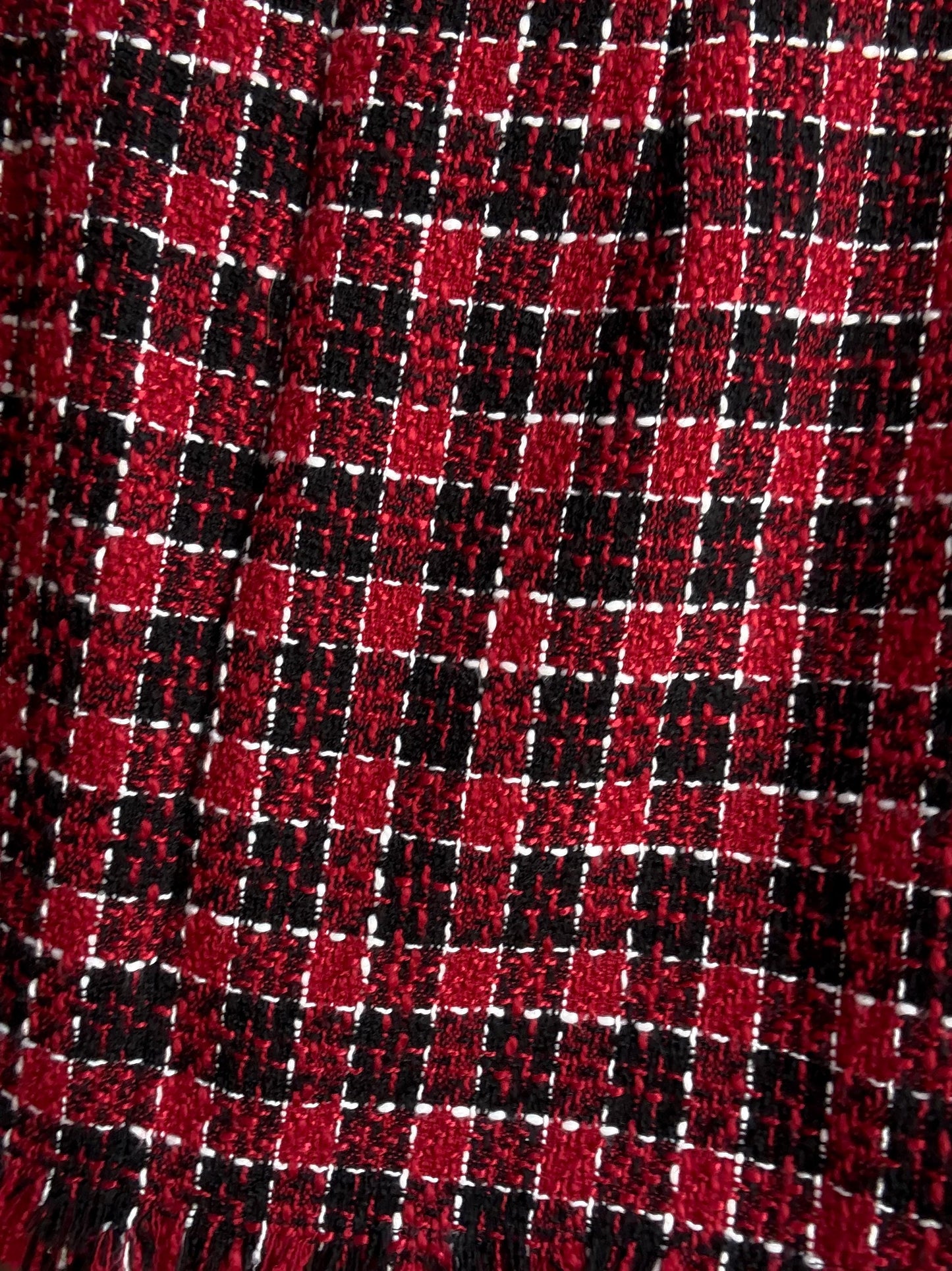Parisian Chic Red Tweed Mini Skirt – Asymmetric Fringed Skirt, Size M, Vintage-Inspired