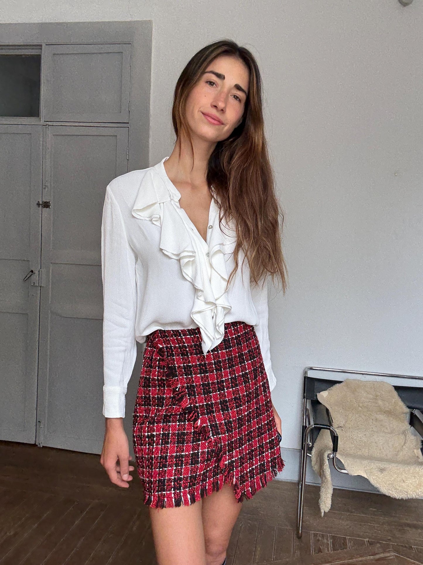 Parisian Chic Red Tweed Mini Skirt – Asymmetric Fringed Skirt, Size M, Vintage-Inspired