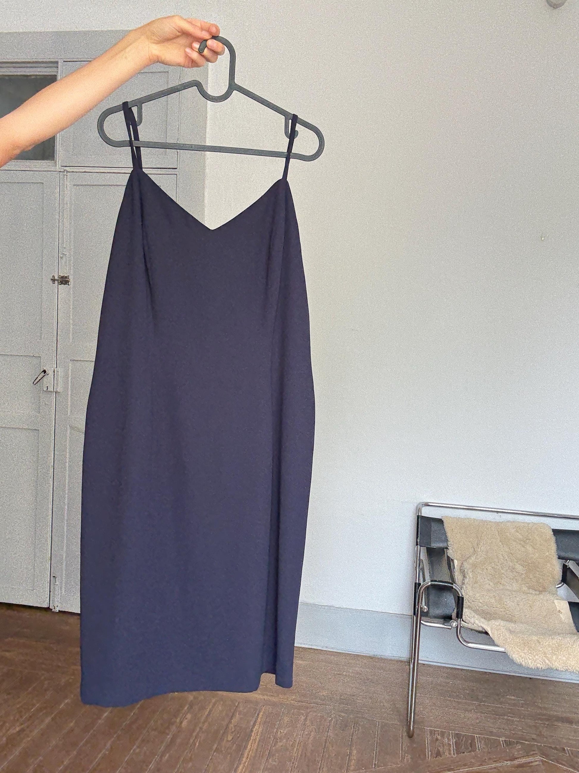 Vintage Navy Blue Slip Dress by Simon Ellis – Elegant Minimalist Occasion Dress, Size L / UK 16 / US 12