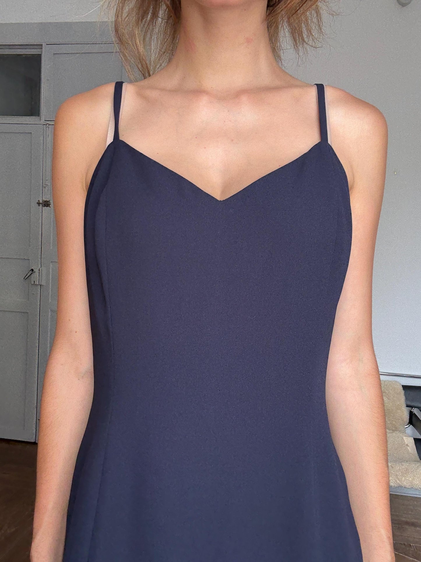 Vintage Navy Blue Slip Dress by Simon Ellis – Elegant Minimalist Occasion Dress, Size L / UK 16 / US 12
