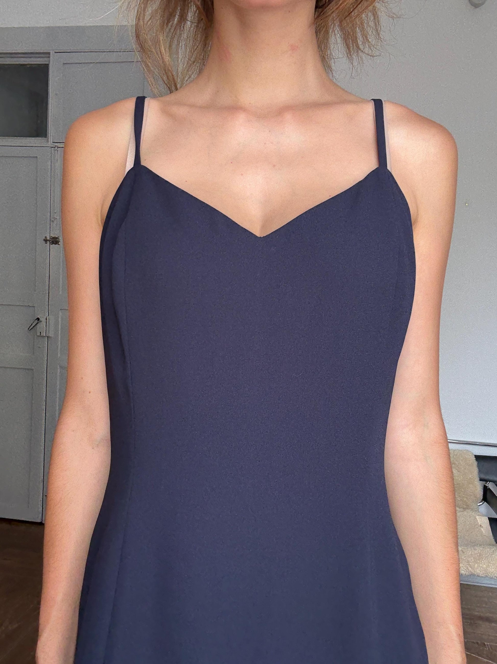 Vintage Navy Blue Slip Dress by Simon Ellis – Elegant Minimalist Occasion Dress, Size L / UK 16 / US 12
