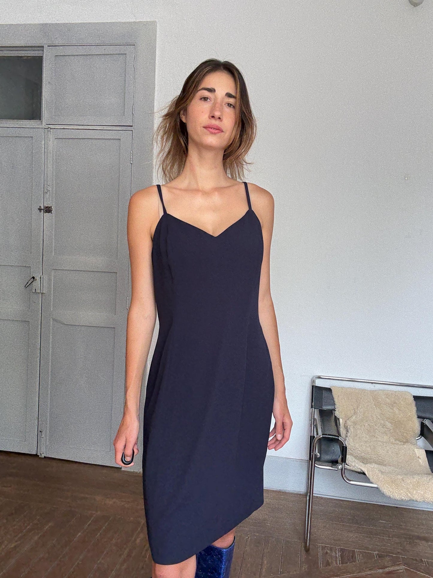 Vintage Navy Blue Slip Dress by Simon Ellis – Elegant Minimalist Occasion Dress, Size L / UK 16 / US 12