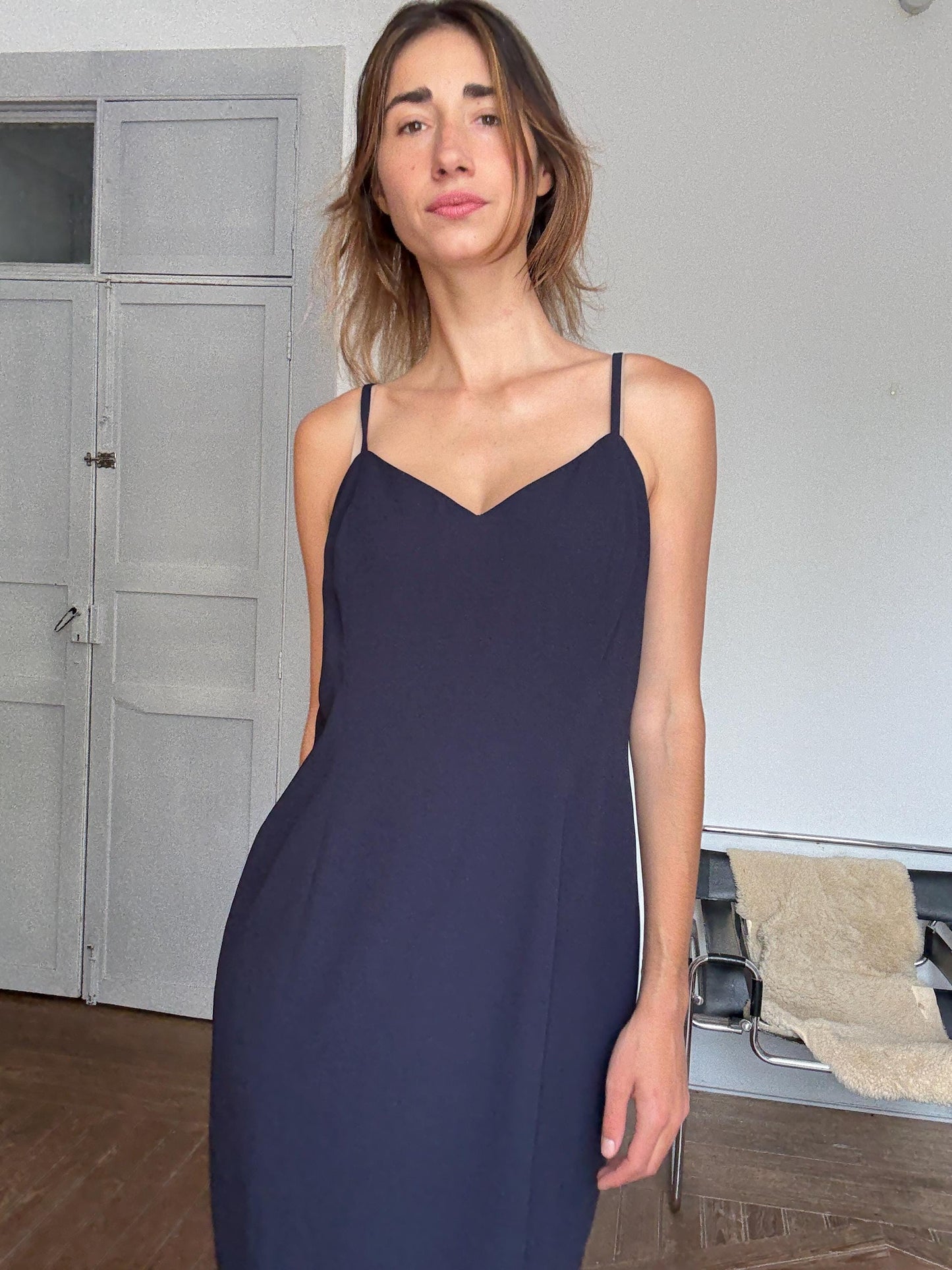 Vintage Navy Blue Slip Dress by Simon Ellis – Elegant Minimalist Occasion Dress, Size L / UK 16 / US 12