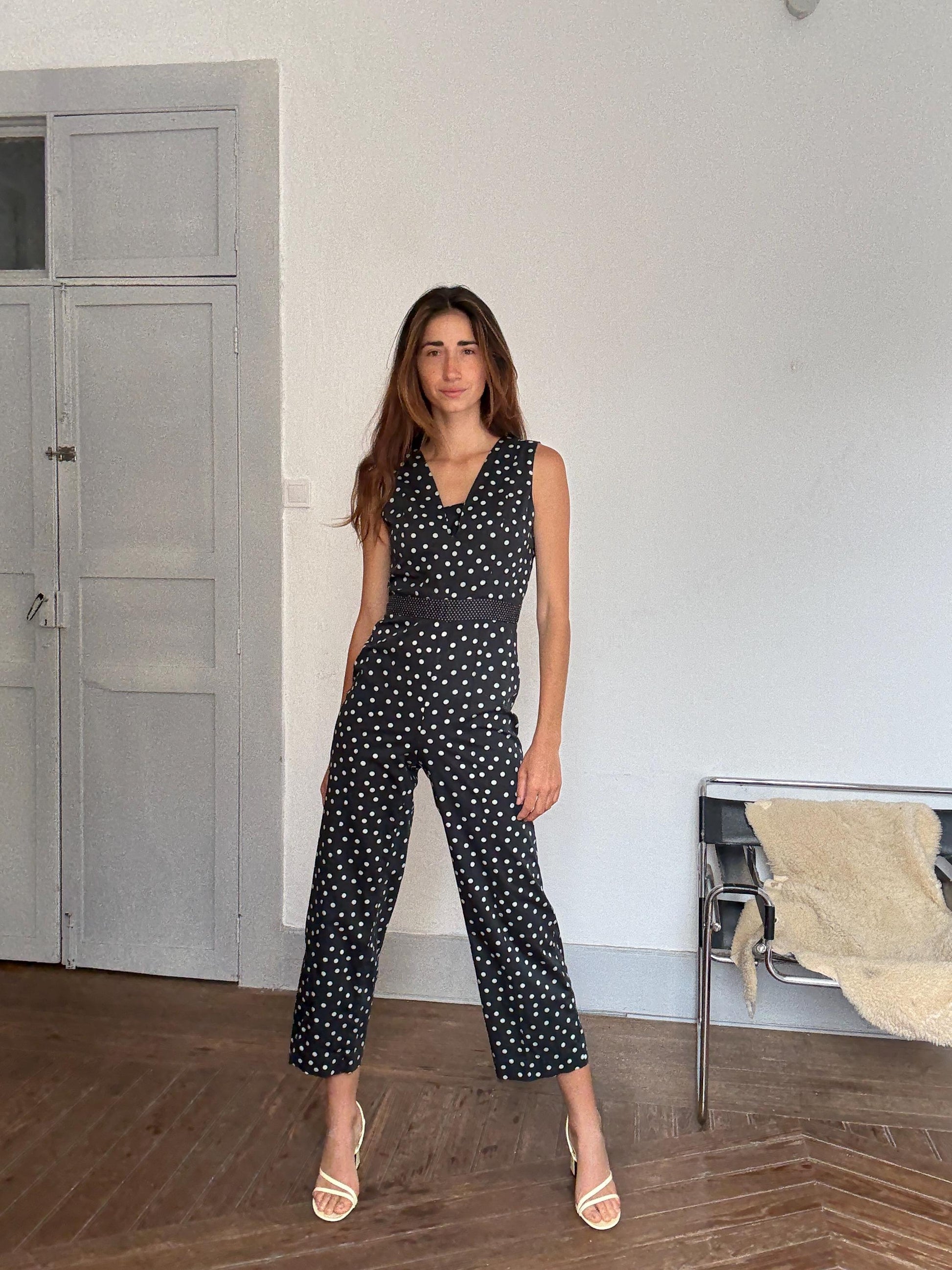 Vintage polka dot jumpsuit – blue dot wide leg one piece, elegant 2000s retro cut, great for petites, summer chic, Size M