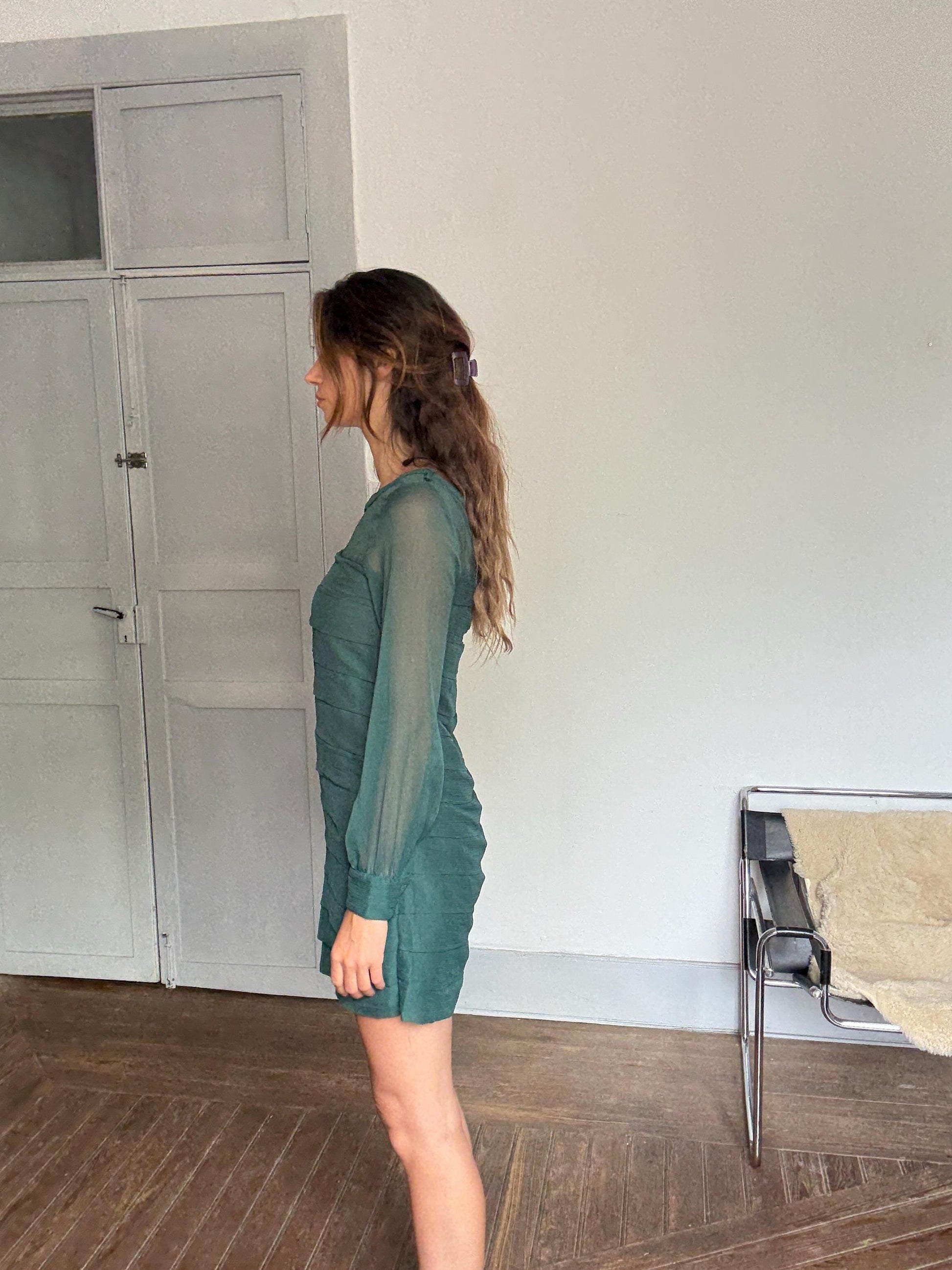 Pepe Jeans Sheer Green Mini Dress – Sustainable recycled Secondhand Party Dress, Silk-Feel, Vintage Y2K Energy, Size M