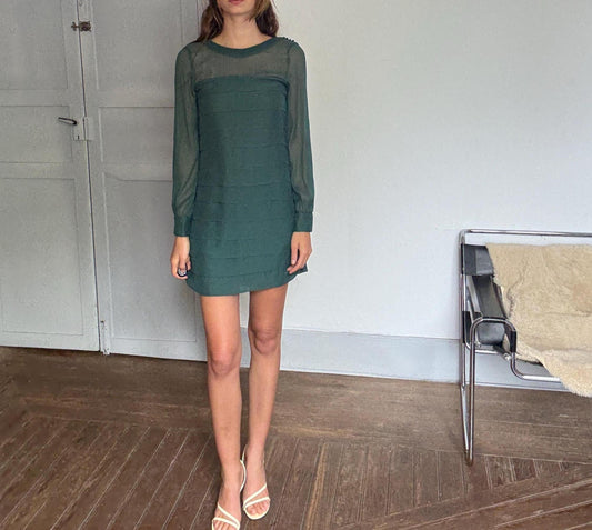 Pepe Jeans Sheer Green Mini Dress – Sustainable recycled Secondhand Party Dress, Silk-Feel, Vintage Y2K Energy, Size M