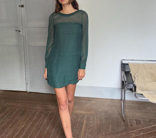 Pepe Jeans Sheer Green Mini Dress – Sustainable recycled Secondhand Party Dress, Silk-Feel, Vintage Y2K Energy, Size M