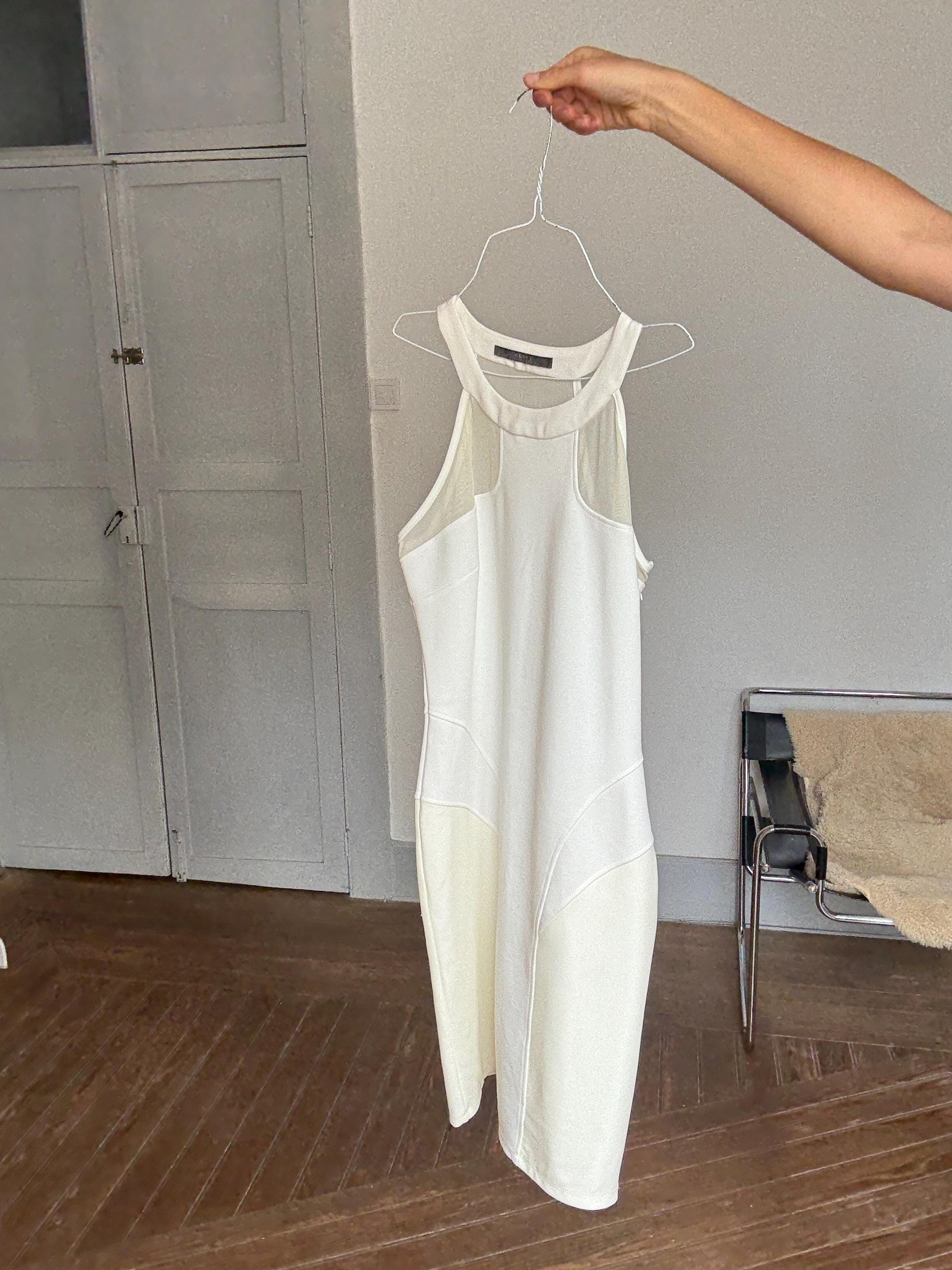 GUESS White Bodycon Mini Dress – Mesh Panel Clubwear – Size L – Y2K Vibes