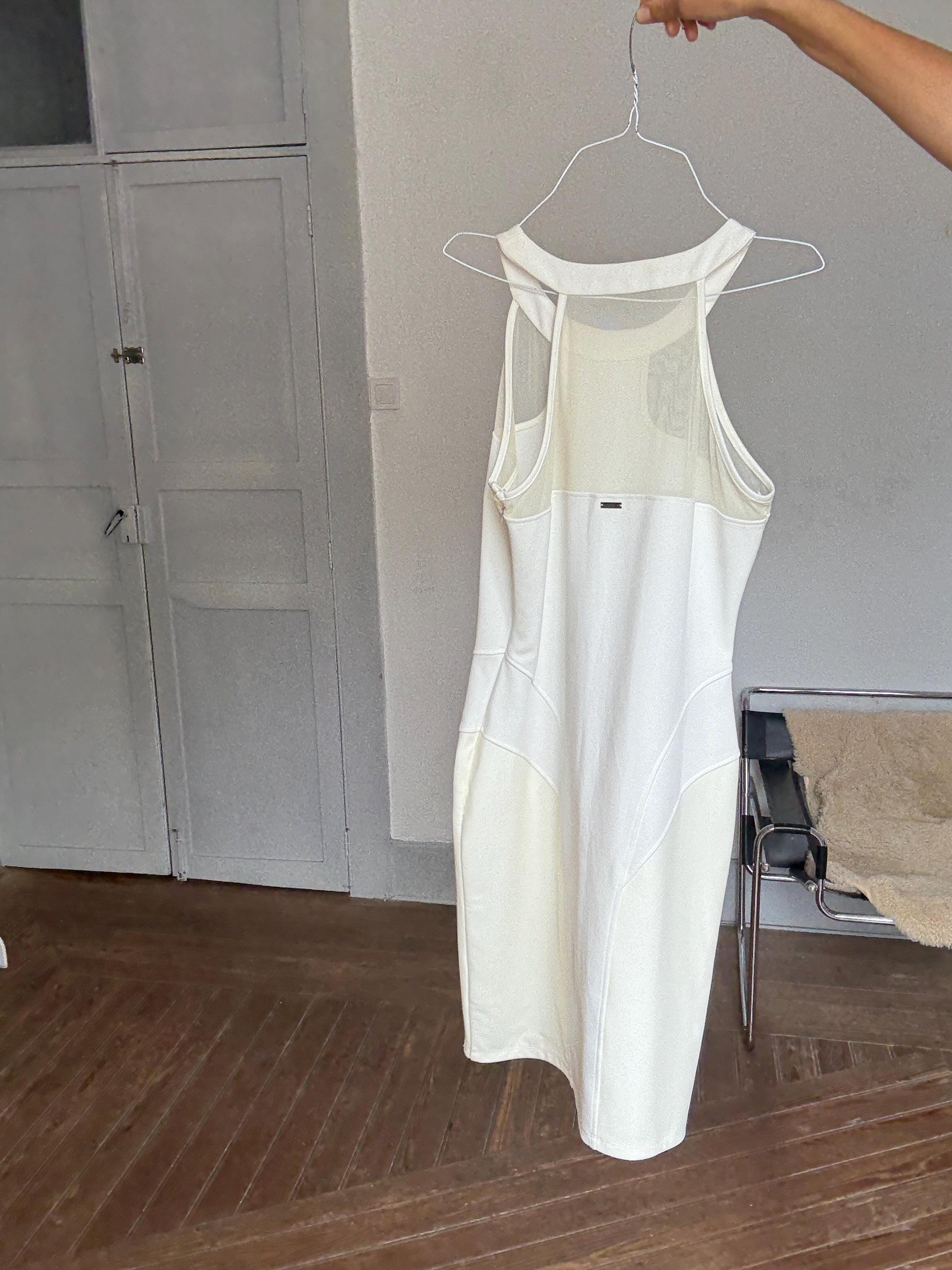 GUESS White Bodycon Mini Dress – Mesh Panel Clubwear – Size L – Y2K Vibes