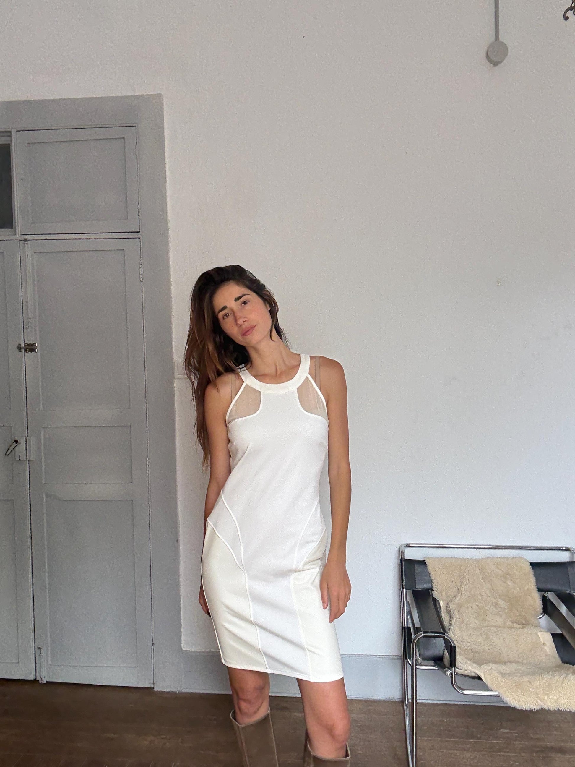 GUESS White Bodycon Mini Dress – Mesh Panel Clubwear – Size L – Y2K Vibes