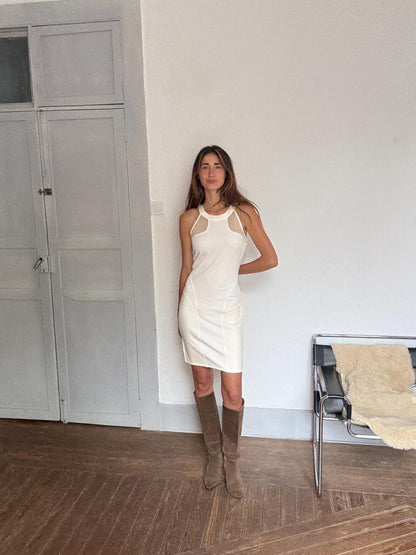 GUESS White Bodycon Mini Dress with Mesh Panel — fabric close-up