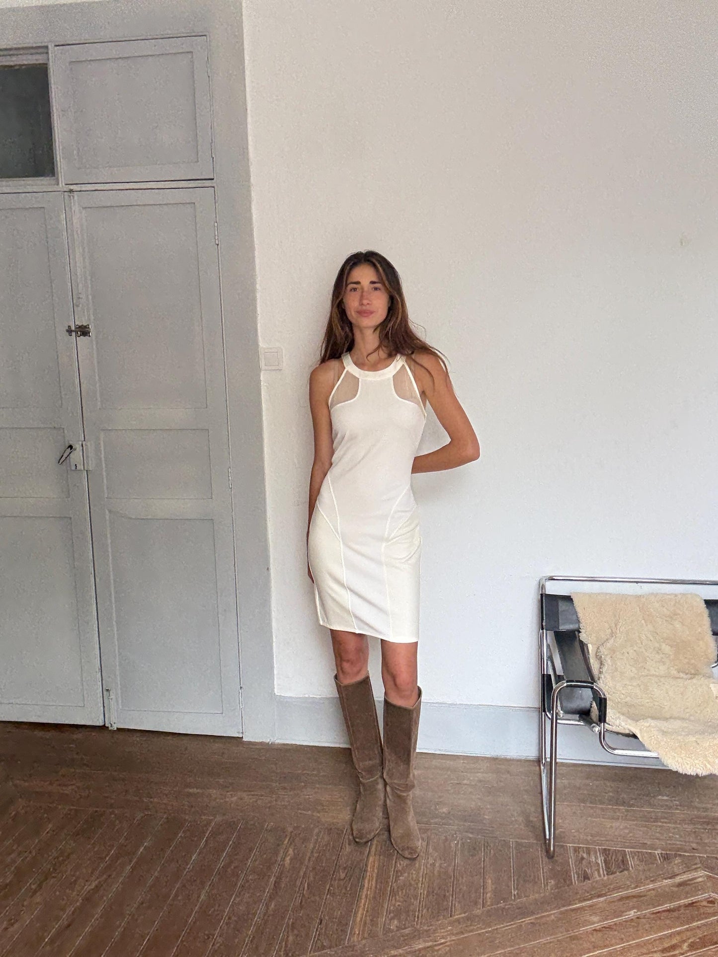 GUESS White Bodycon Mini Dress – Mesh Panel Clubwear – Size L – Y2K Vibes