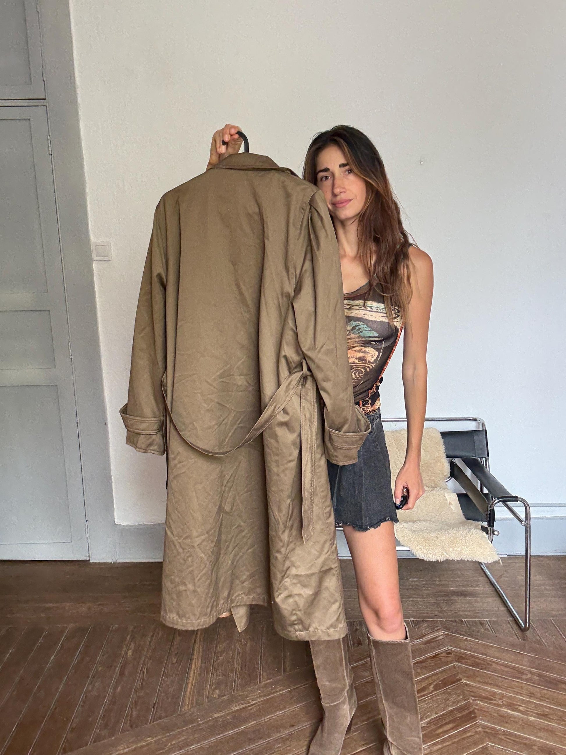 UNISEX Vintage Oversized Trench Coat – Long Brown Classic – Minimalist Fall Layer – Size M/L