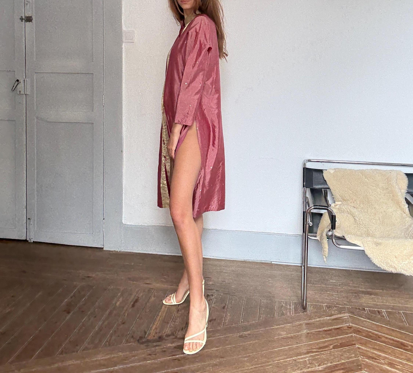 Vintage Indian pure silk dusty pink & gold dress – breathable lined kurta tunic, elegant boho luxury, one of a kind