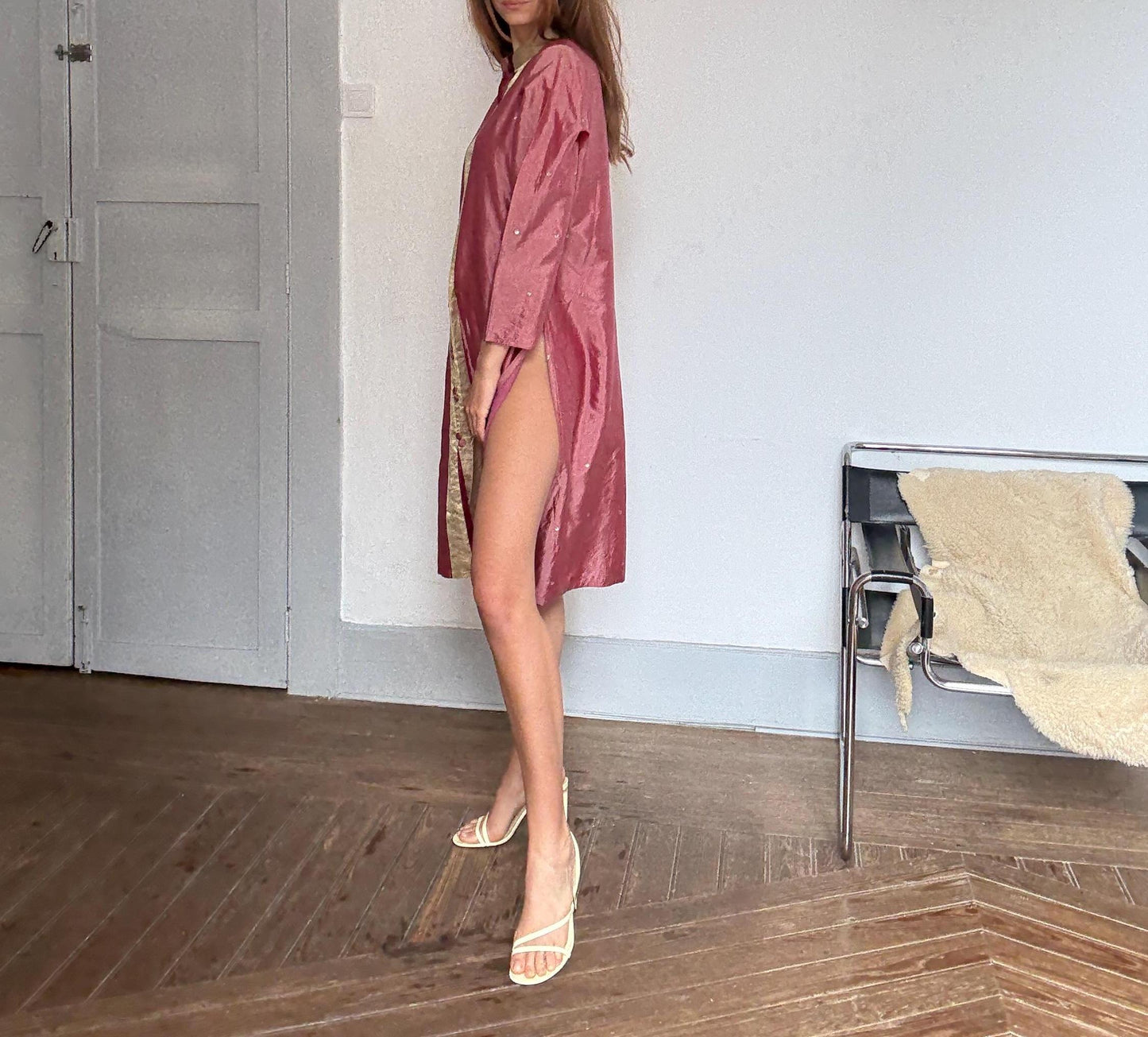 Vintage Indian pure silk dusty pink & gold dress – breathable lined kurta tunic, elegant boho luxury, one of a kind