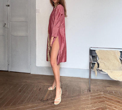 Vintage Indian pure silk dusty pink & gold dress – breathable lined kurta tunic, elegant boho luxury, one of a kind