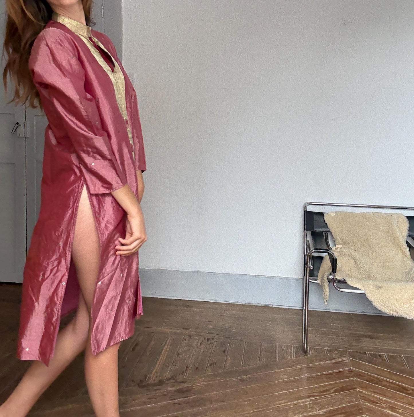 Vintage Indian pure silk dusty pink & gold dress – breathable lined kurta tunic, elegant boho luxury, one of a kind