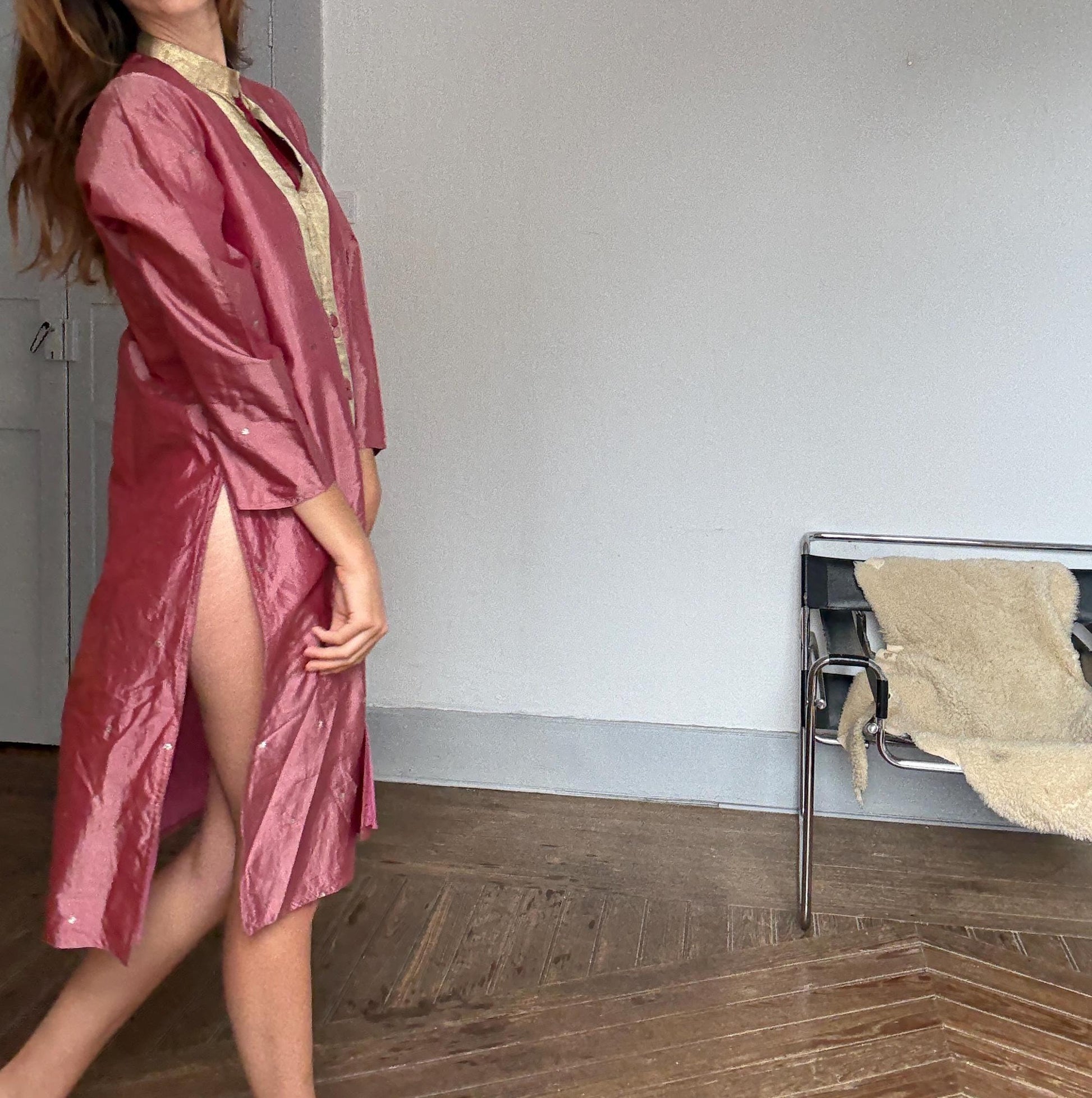 Vintage Indian pure silk dusty pink & gold dress – breathable lined kurta tunic, elegant boho luxury, one of a kind