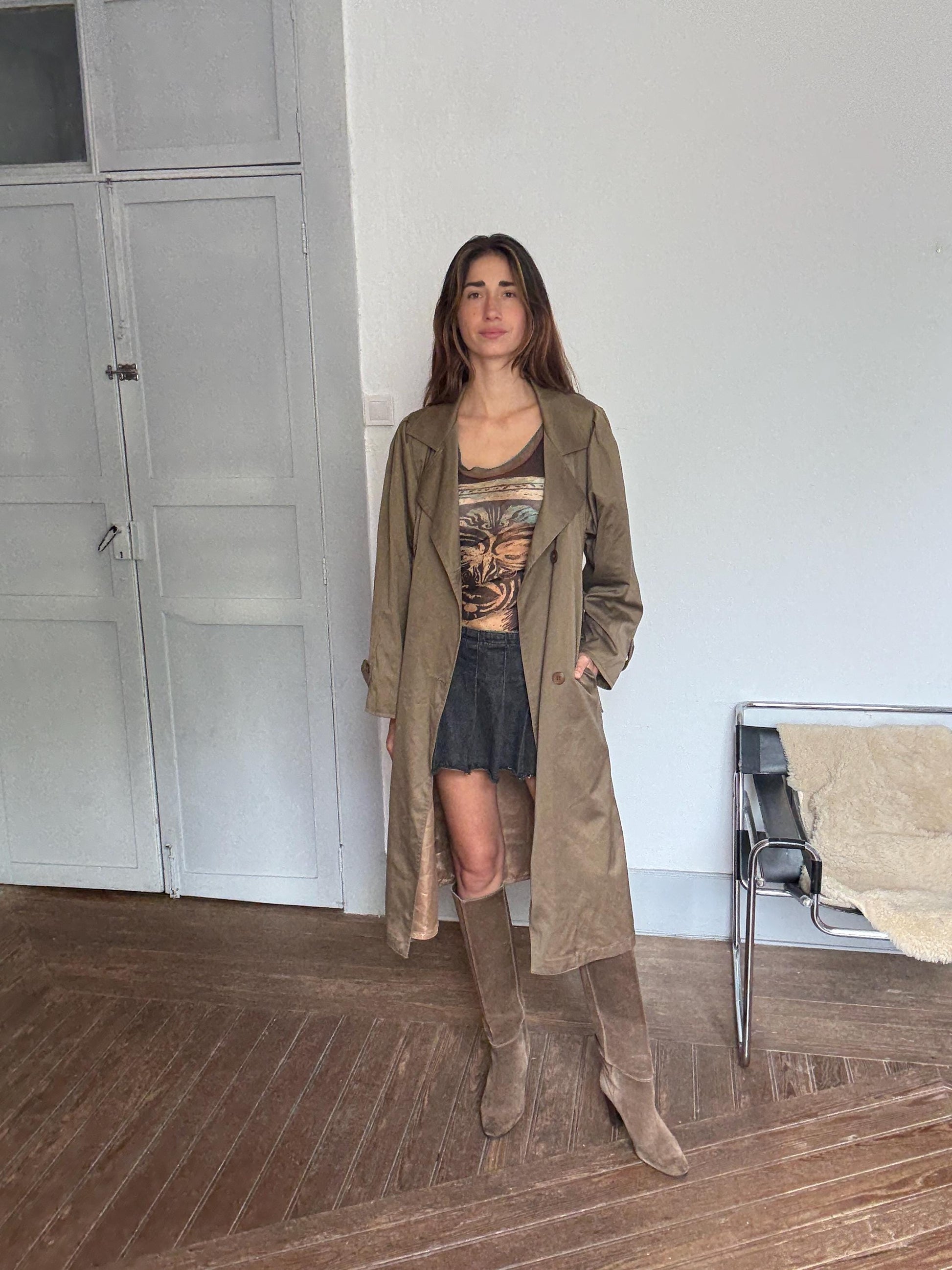 UNISEX Vintage Oversized Trench Coat – Long Brown Classic – Minimalist Fall Layer – Size M/L