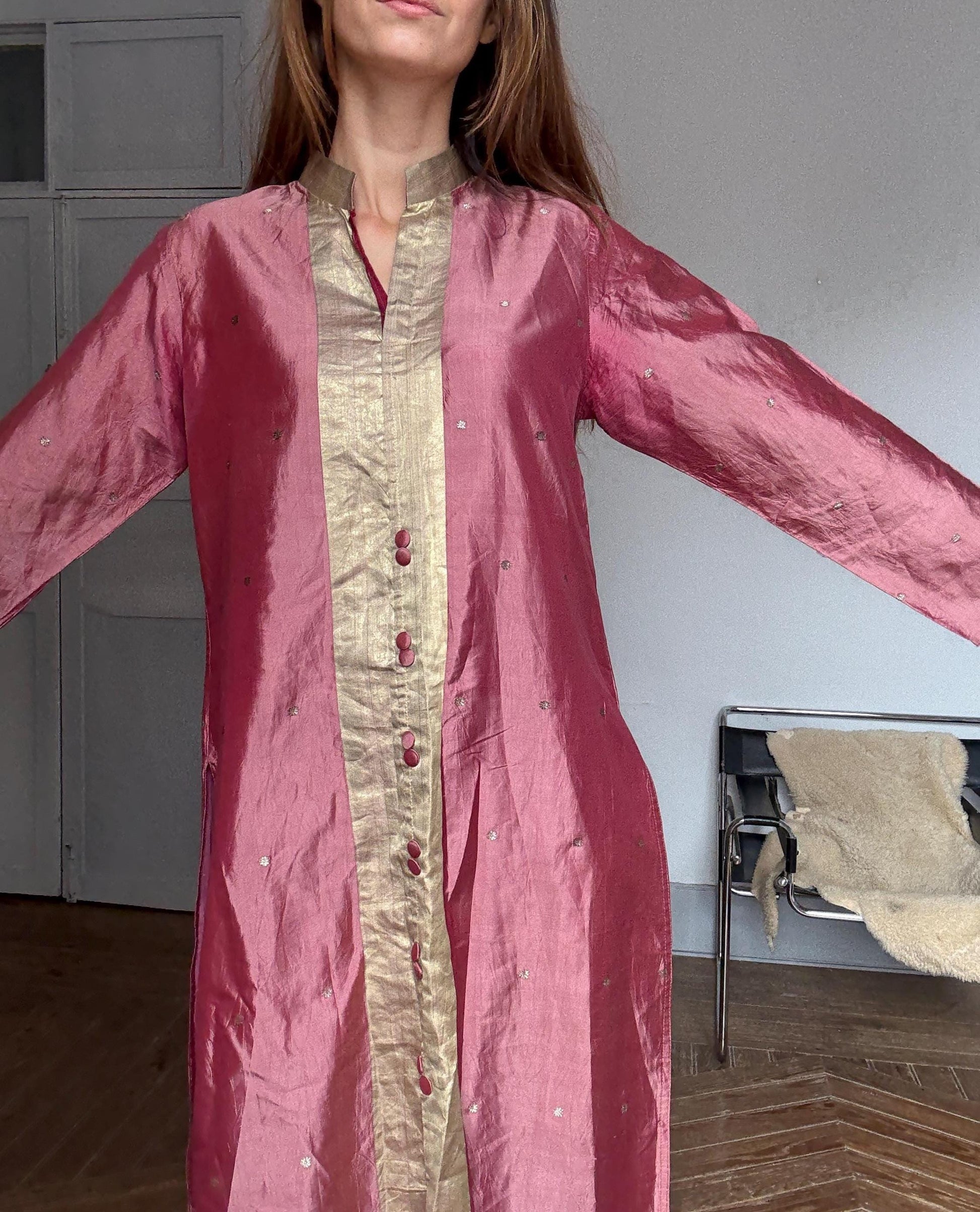 Vintage Indian pure silk dusty pink & gold dress – breathable lined kurta tunic, elegant boho luxury, one of a kind