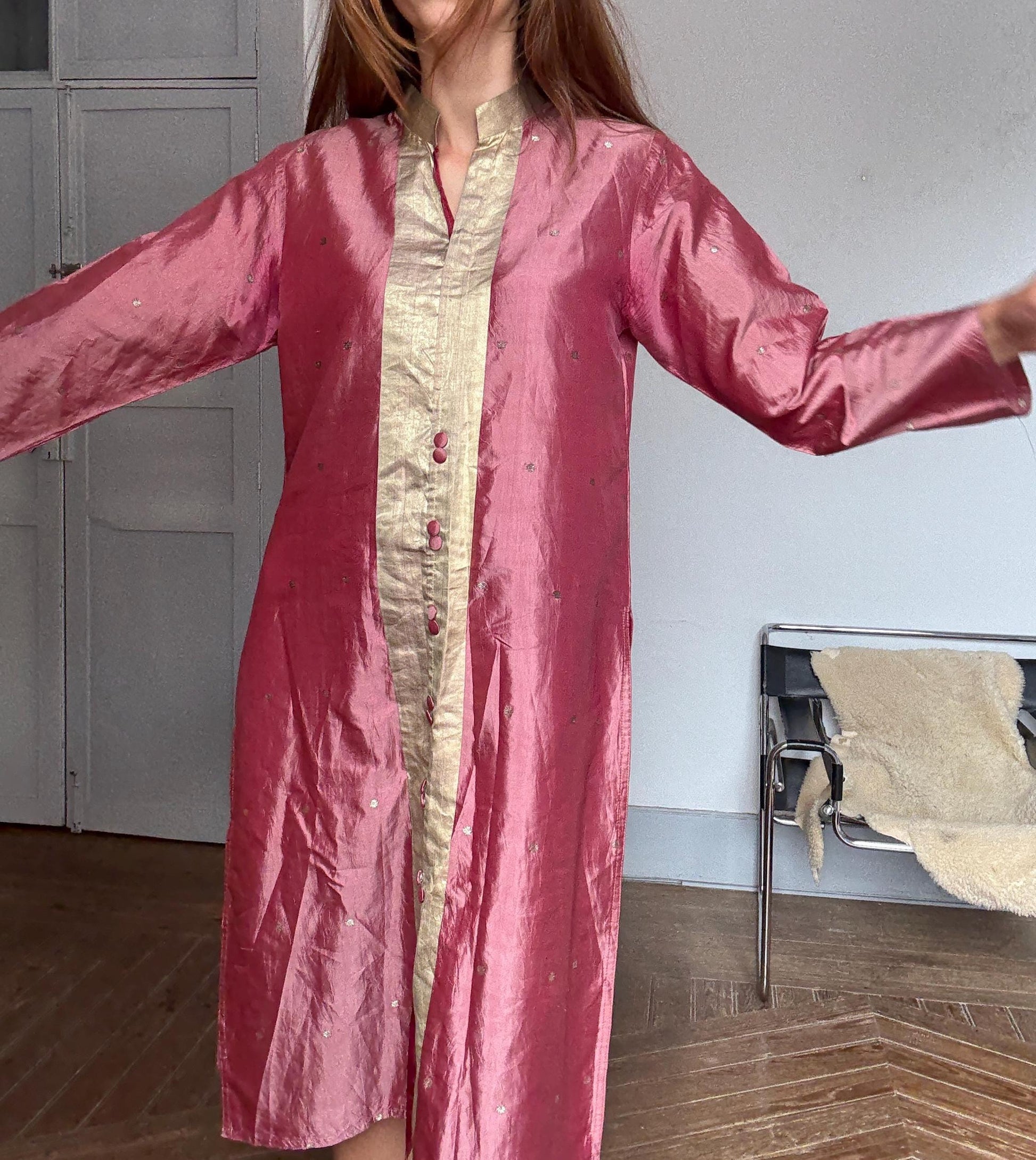 Vintage Indian pure silk dusty pink & gold dress – breathable lined kurta tunic, elegant boho luxury, one of a kind