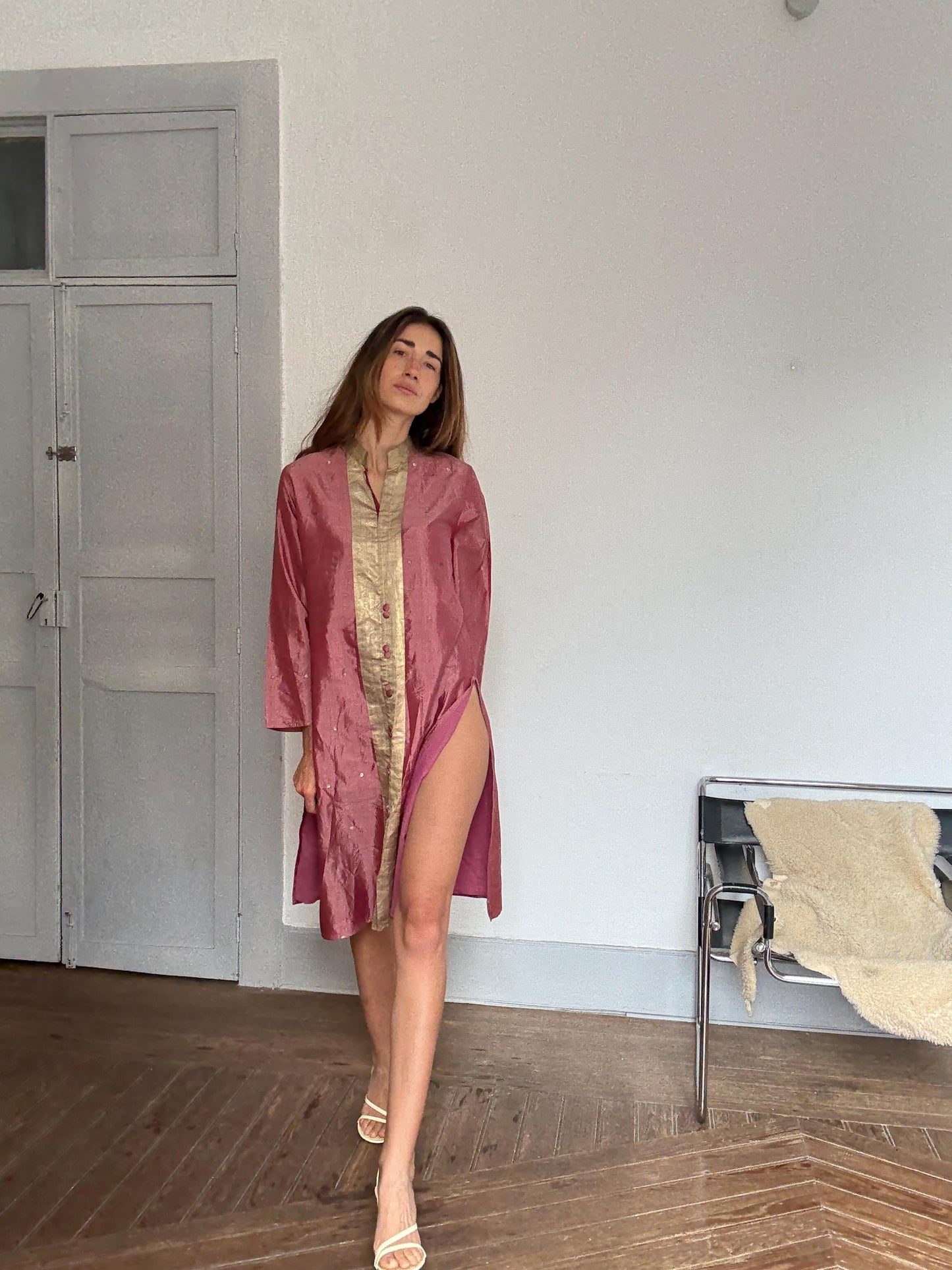 Vintage Indian pure silk dusty pink & gold dress – breathable lined kurta tunic, elegant boho luxury, one of a kind